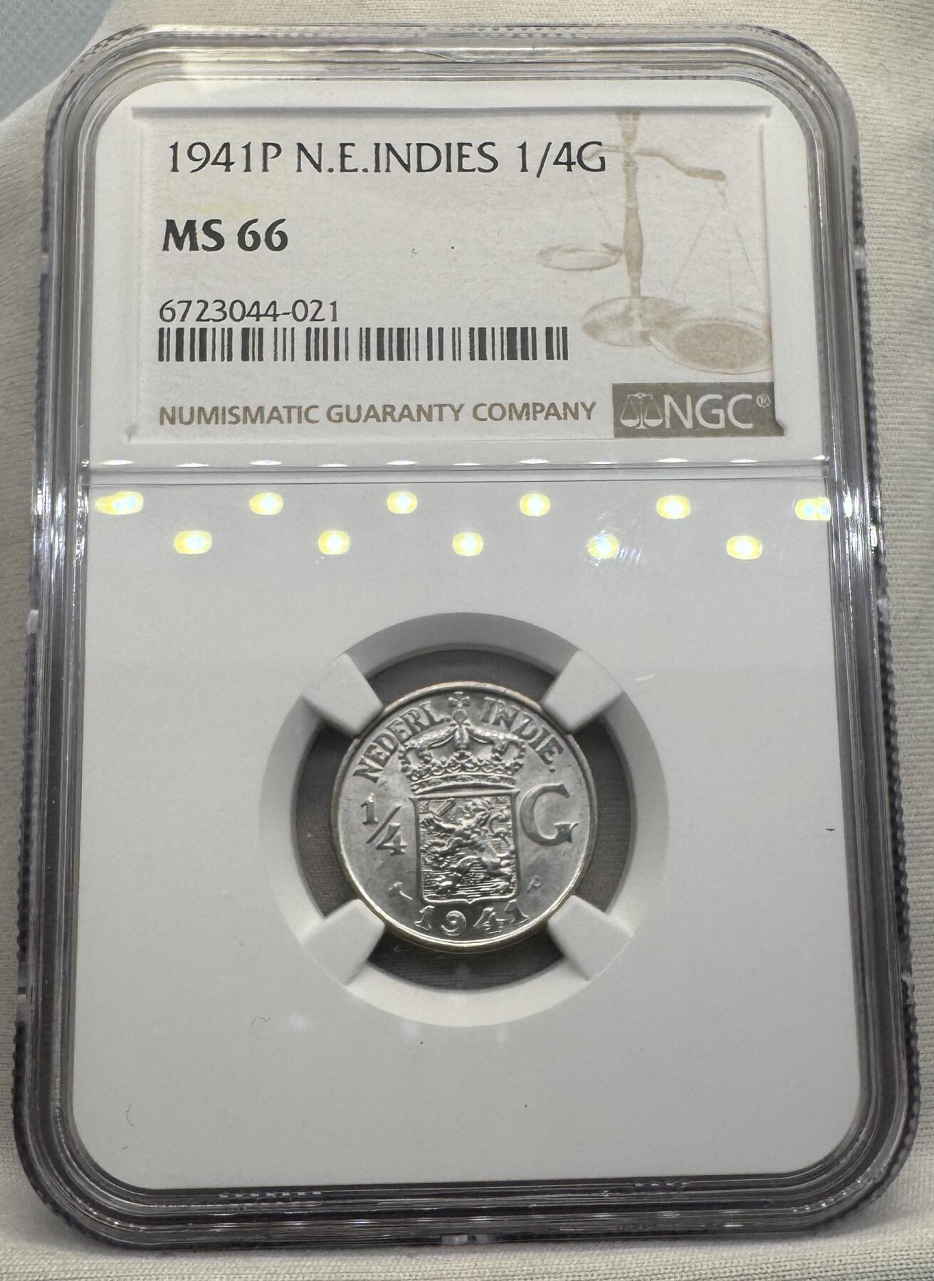 “一元初始，万象更新”新年新铺开张（第4期）新年第一拍 NGC-MS66 1941年荷属东印度 1/4盾，P版，麦稀奇所见最高分