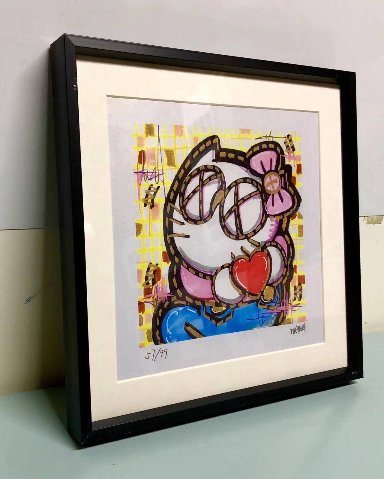 零元拍：歪歪亲笔签名 OWSON 系列作品装饰画《hello Kitty》，已做装裱 合金相框尺寸25/25CM。因展品出展，镜框或亚克力可能有轻微划痕，介意勿拍