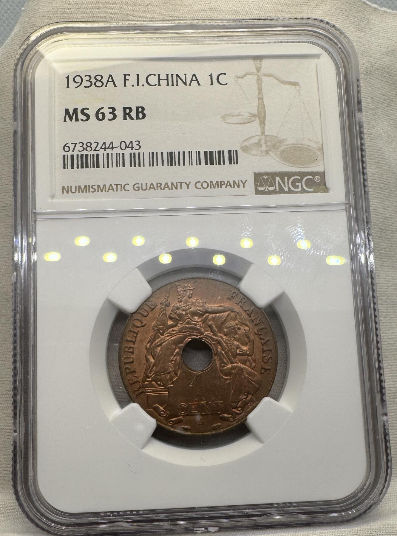 “一元初始，万象更新”新年新铺开张（第4期）新年第一拍 NGC-MS63RB 法属印度支那1938A百分之一铜币，品相与64无异，被包浆盖住了部分铜光