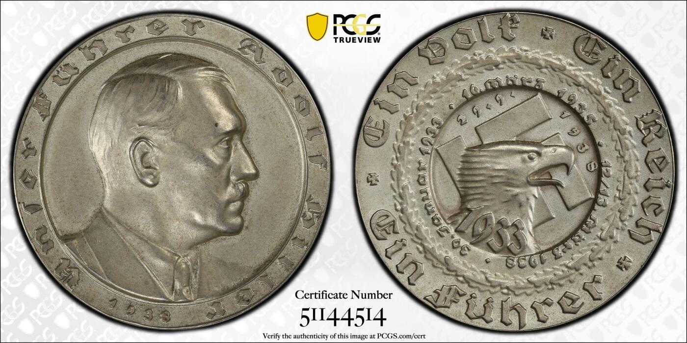 万国钱币拍卖第042期（蛇年首拍） PCGS SP63 1938年德国民族社会主义工人党党魁大事记纪念银章 原味银光高浮雕matte工艺 C-115 顶级收藏品相 德国已绝迹品种之一