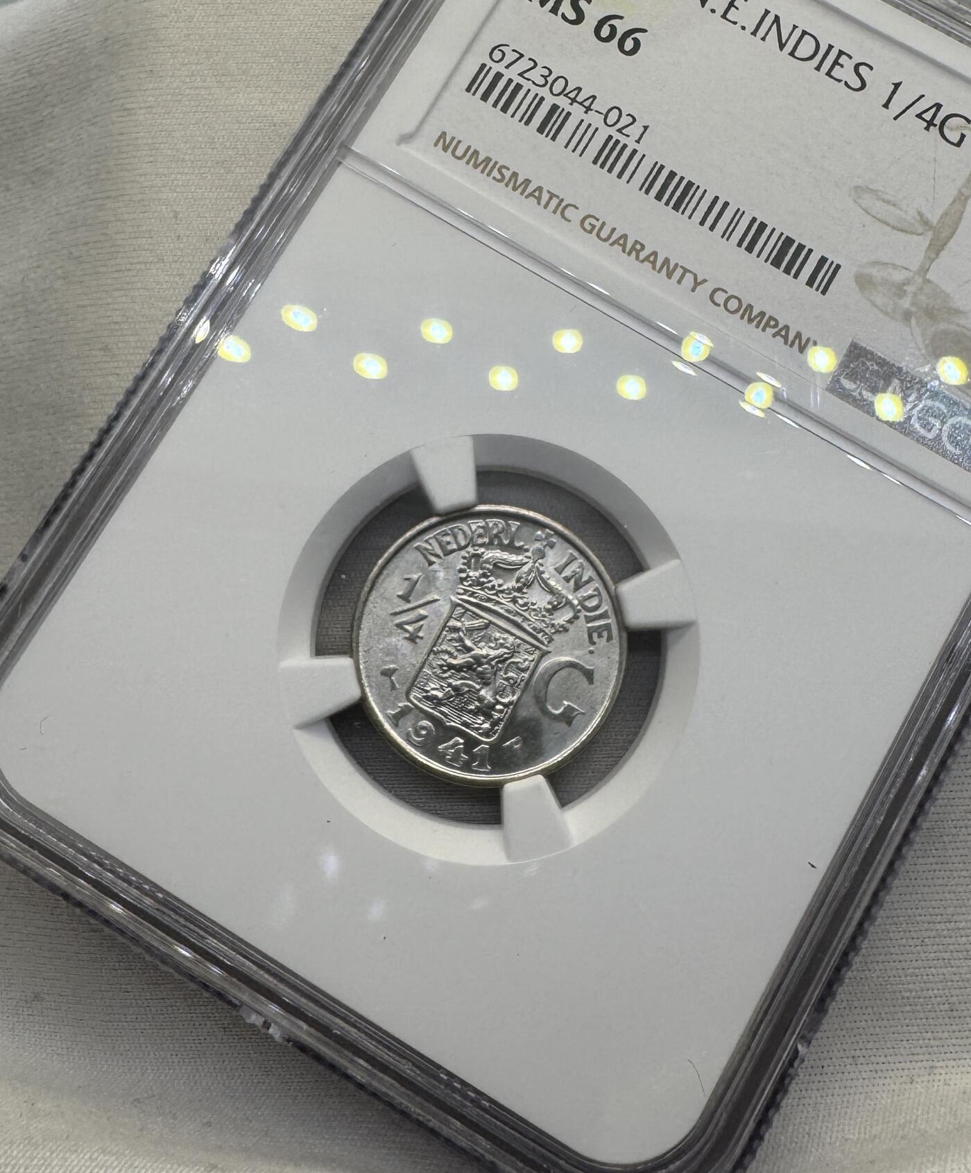 “一元初始，万象更新”新年新铺开张（第4期）新年第一拍 NGC-MS66 1941年荷属东印度 1/4盾，P版，麦稀奇所见最高分