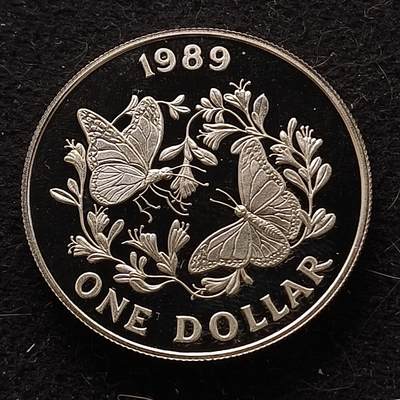 0起1加再包邮-纯粹捡漏拍-401银币套币场 - 【少见】百慕大群岛1989年1元帝王蝶保护精制克朗型纪念银币-量5000