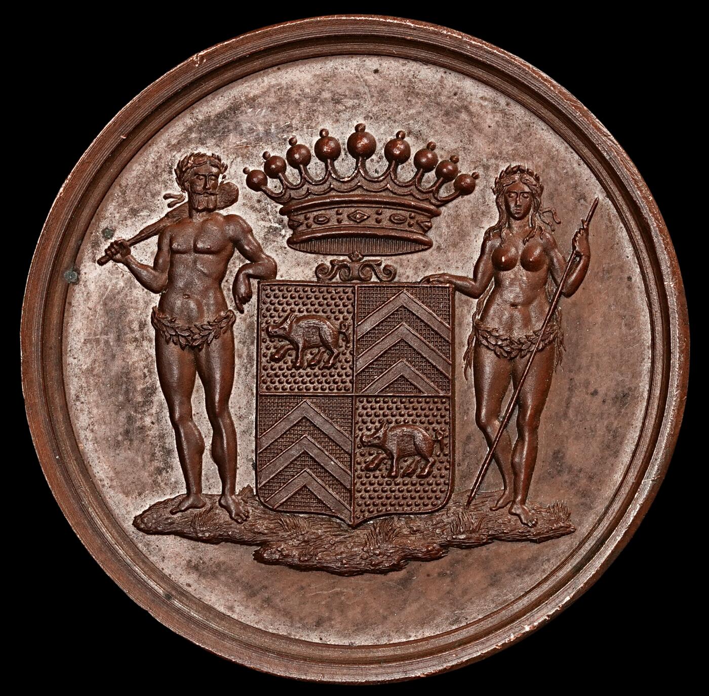 修遠堂世界钱币第五十七期 1876年比利时安特卫普野人红铜章 34.32mm，13.58g