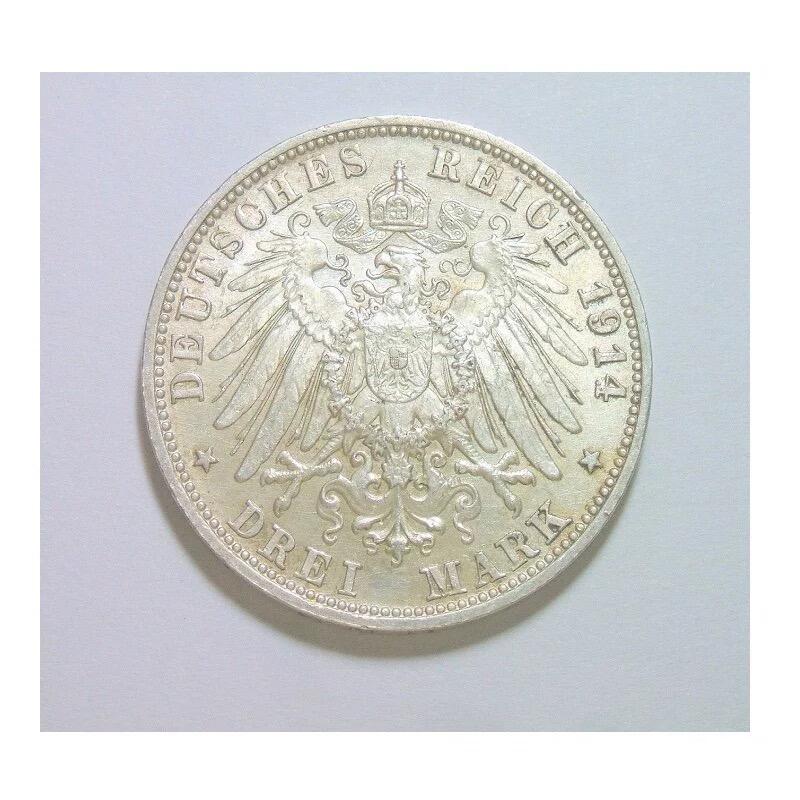 可评级 德国巴伐利亚1914年 路易维希三世3马克银币 原光