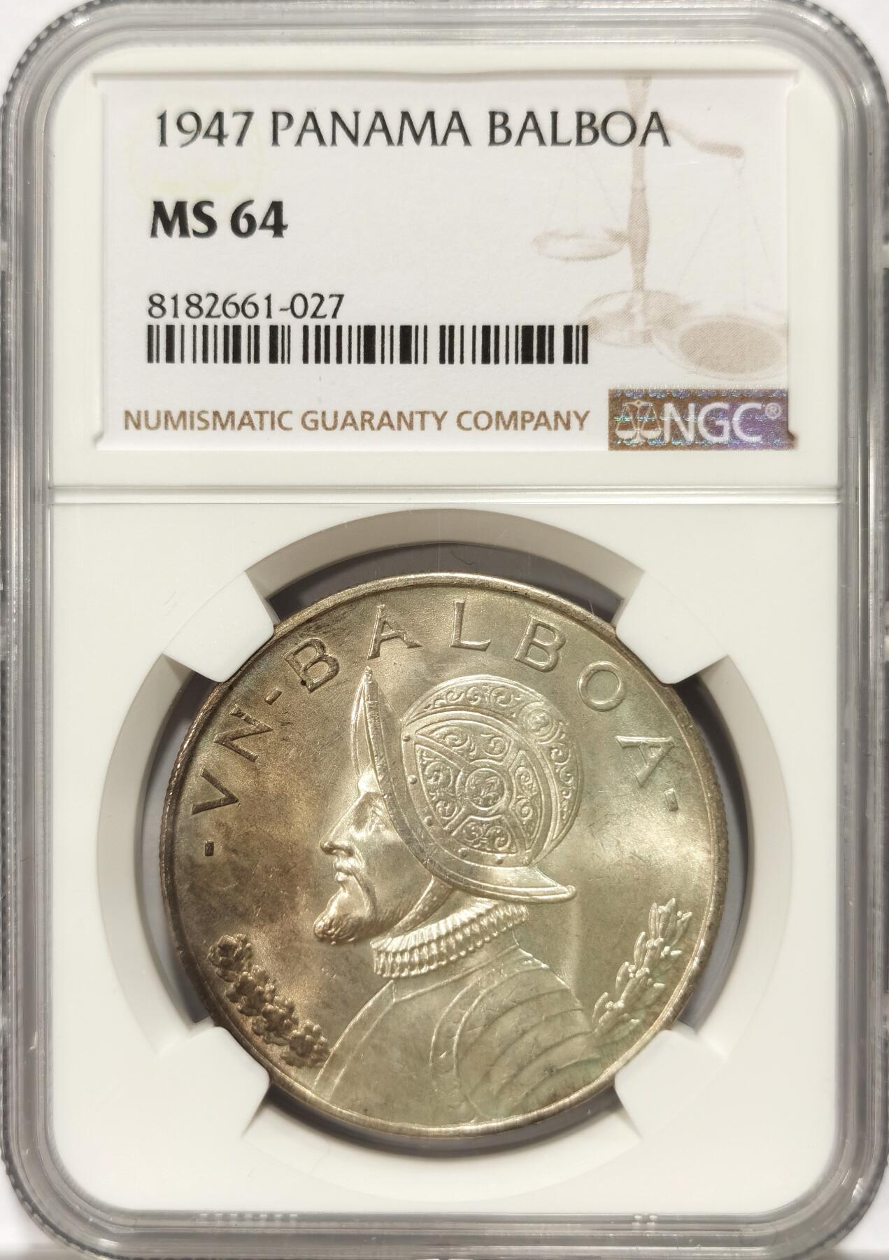 博洋堂世界钱币拍卖第110期（全场包邮） NGC MS64 巴拿马1947年1巴波亚银币
