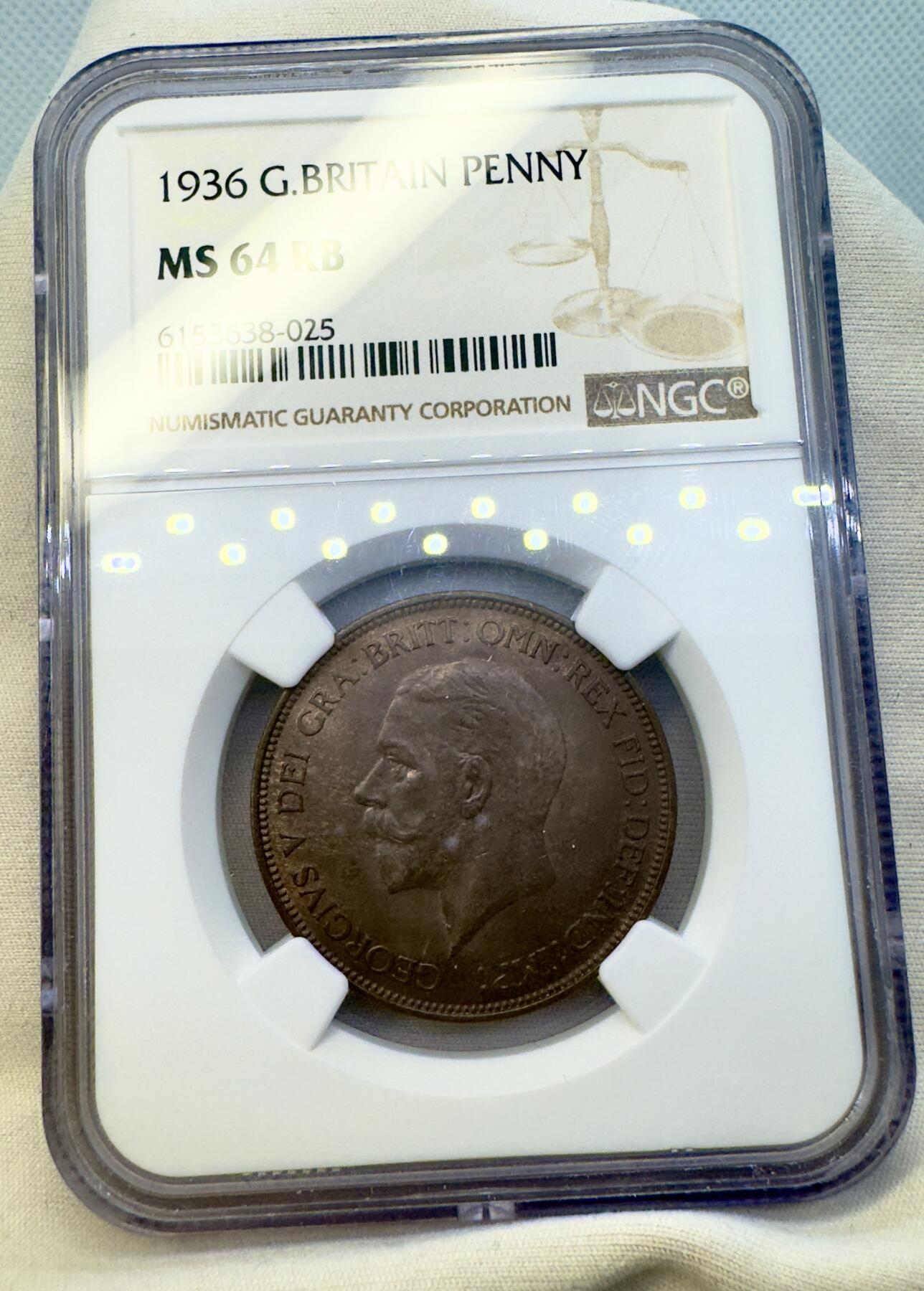 “一元初始，万象更新”新年新铺开张（第4期）新年第一拍 NGC-MS64RB 英国1936年乔治五世1便士铜币，少见品种，铜光圆润，包浆自然