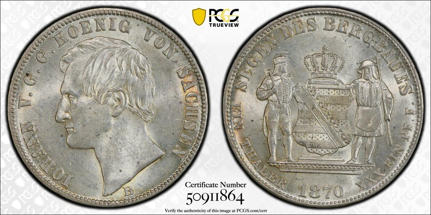 万国钱币拍卖第042期（蛇年首拍） PCGS MS62 1870年德国萨克森双兵护盾矿业泰勒 经典的王国矿业泰勒 银霜曝光