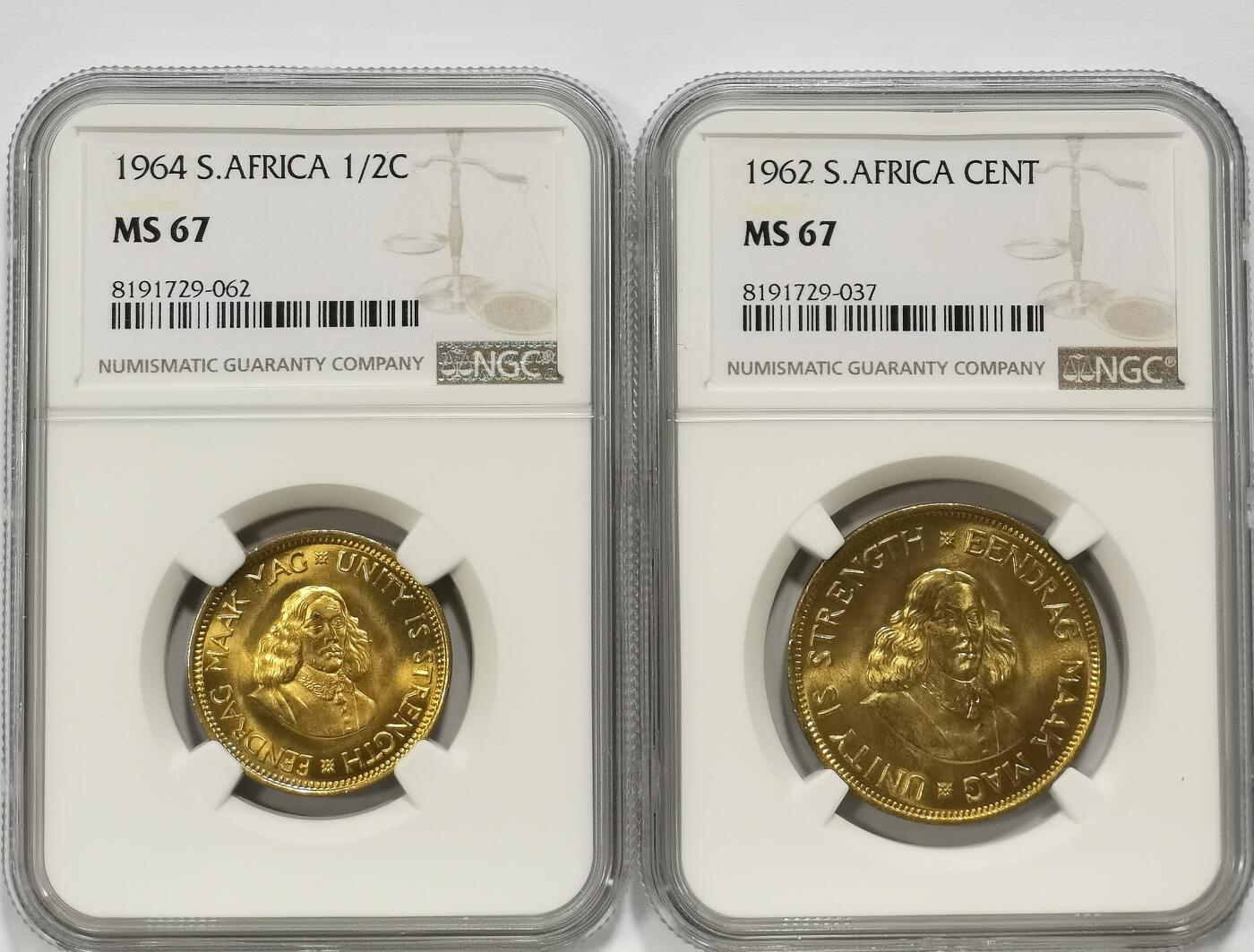 博洋堂世界钱币拍卖第110期（全场包邮） NGC MS67 南非1964/62年半分、一分铜币2枚一组