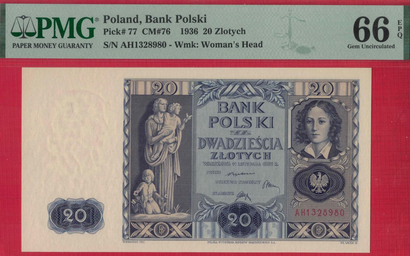 波兰1936年20兹罗提 无47 P-77 欧洲 实物图 UNC