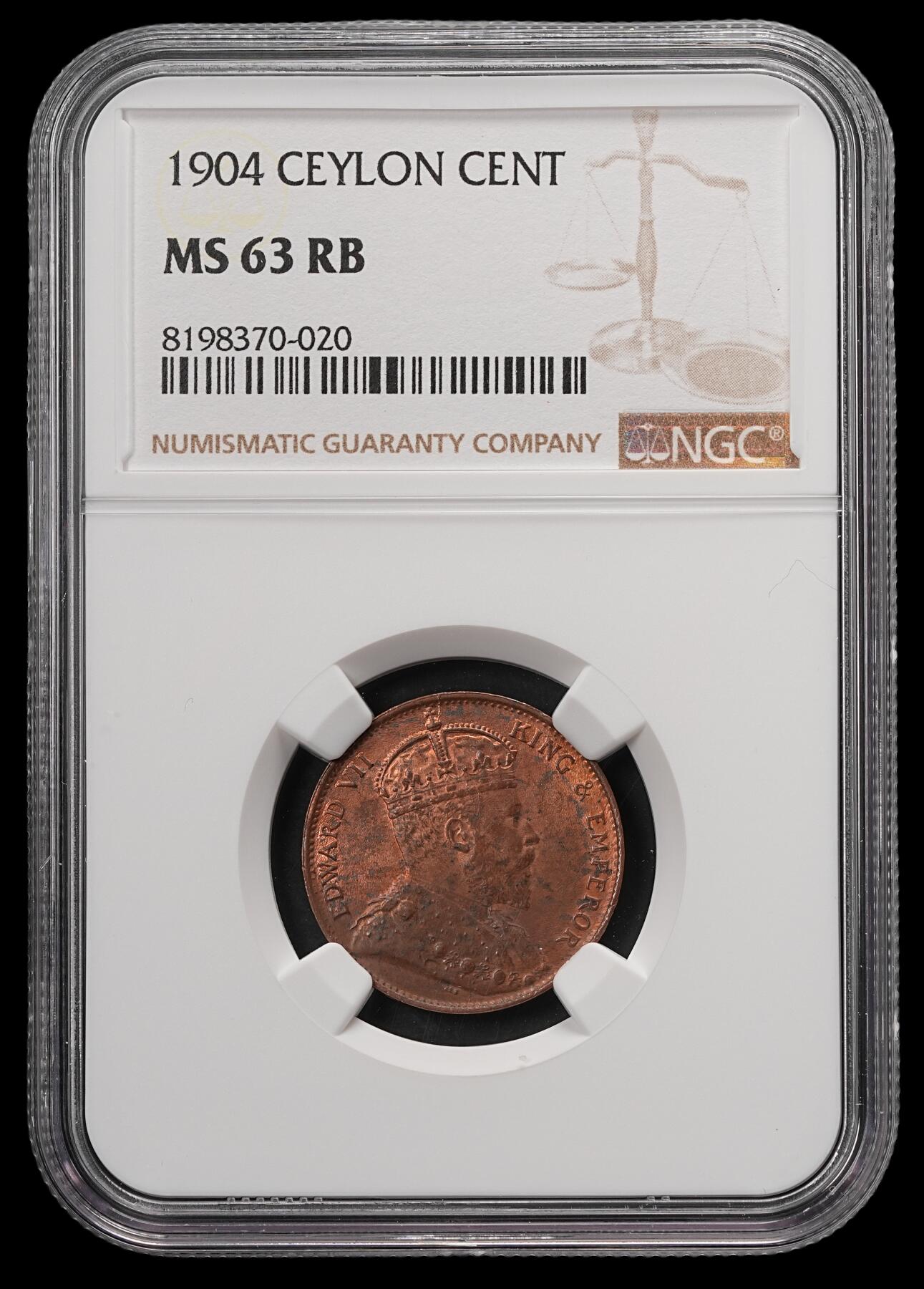修遠堂世界钱币第五十七期 NGC MS63RB 1904年英属锡兰1分铜币
