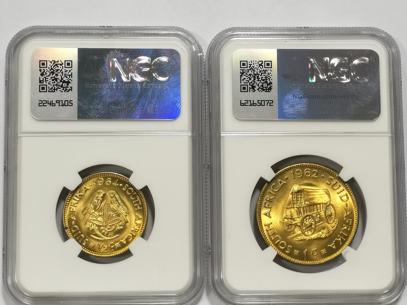 博洋堂世界钱币拍卖第110期（全场包邮） NGC MS67 南非1964/62年半分、一分铜币2枚一组