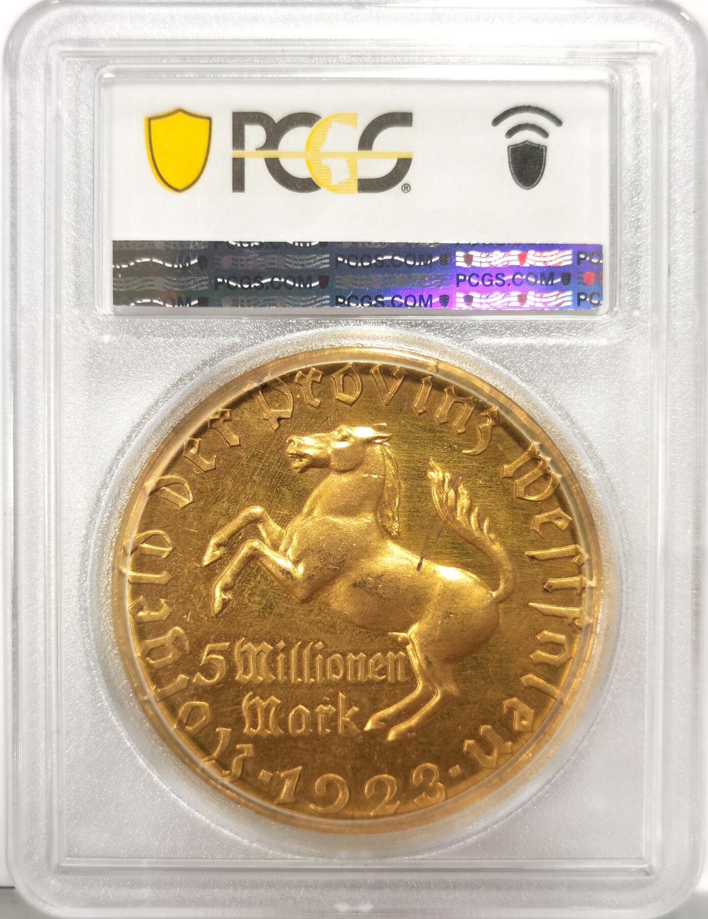 博洋堂世界钱币拍卖第110期（全场包邮） PCGS MS63 德国威斯特法伦1923年5百万马克鎏金大铜币，状态不输65。