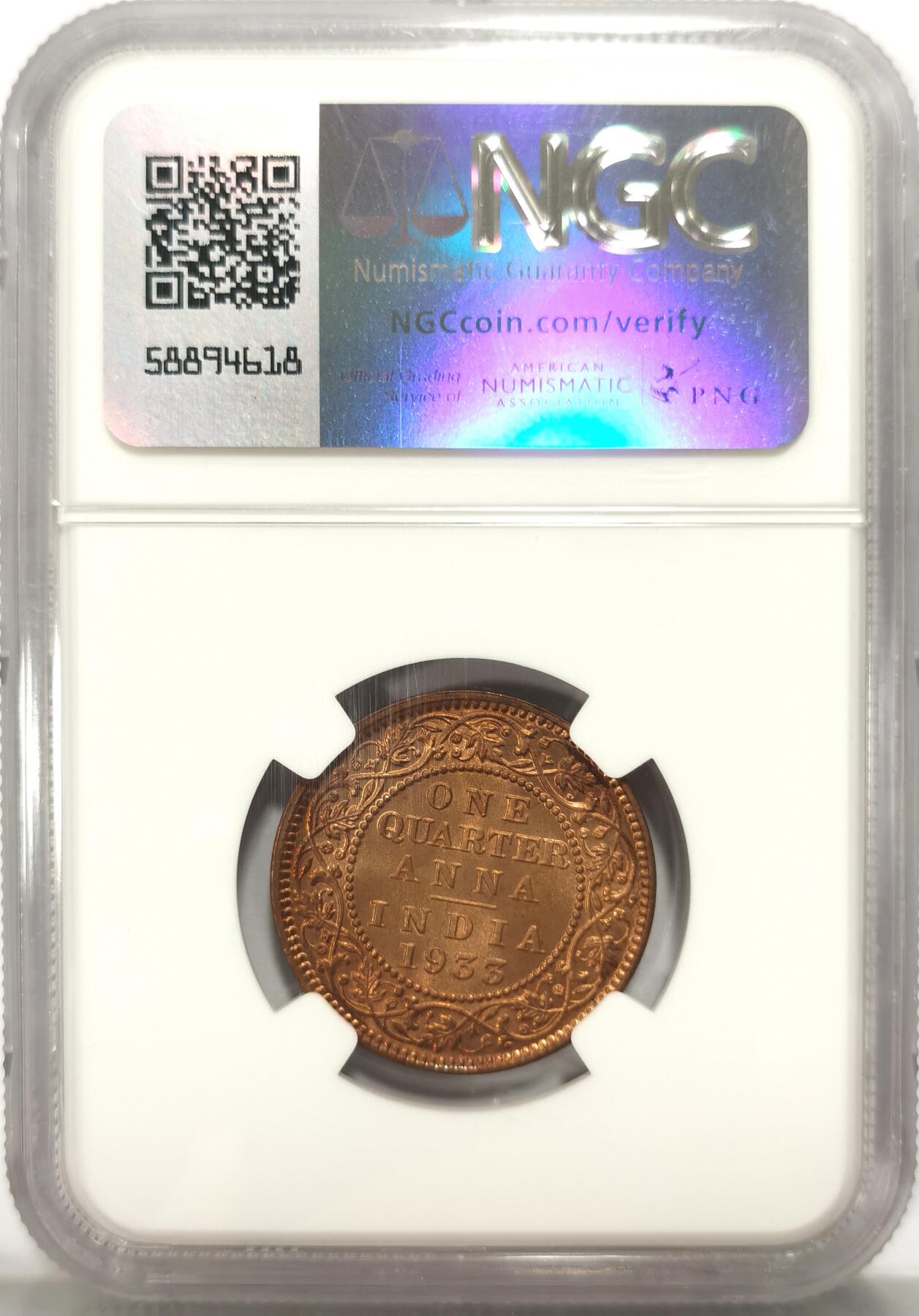 博洋堂世界钱币拍卖第110期（全场包邮） 2枚一组 NGC MS65RB 英属印度1933年乔治五世1/4安那铜币 & NGC MS65RB 英属印度海得拉巴邦AH1368//39年2P中孔小铜币 很好看的图案