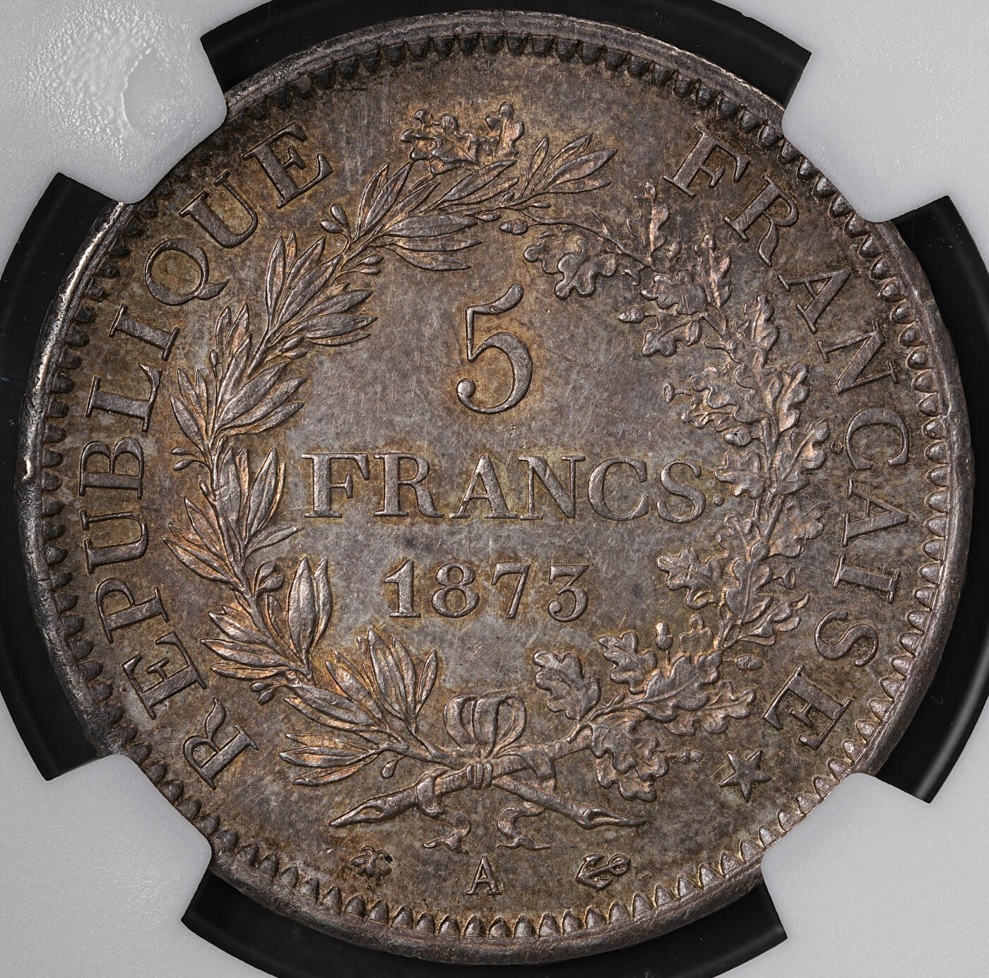 修遠堂世界钱币第五十七期 NGC MS62 1873年法国大力神5法郎大银币 五彩