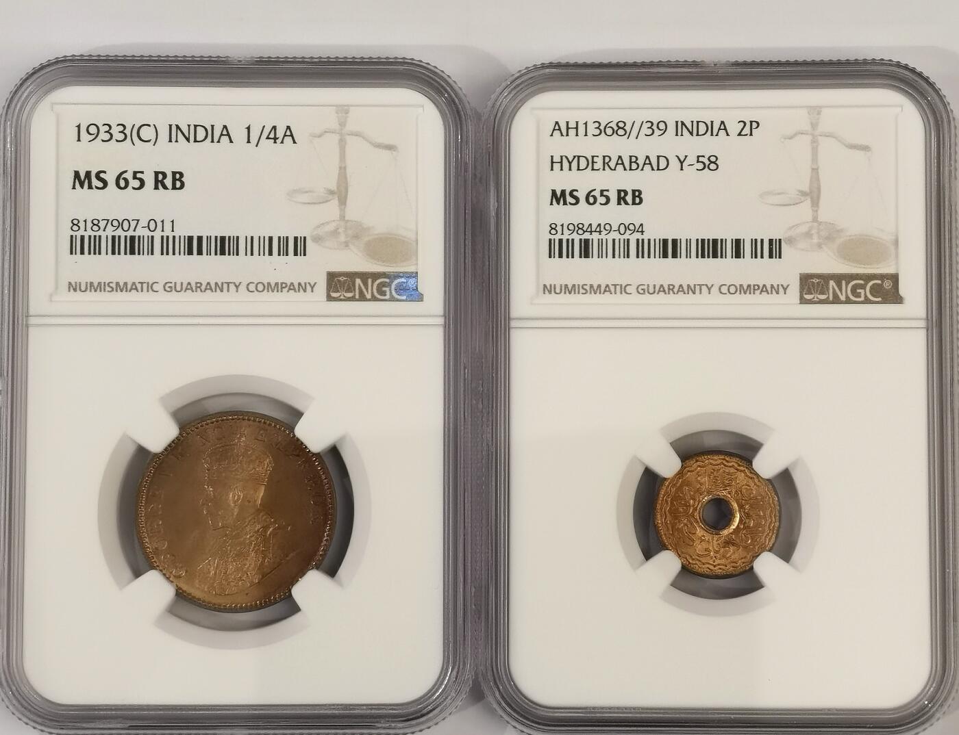 博洋堂世界钱币拍卖第110期（全场包邮） 2枚一组 NGC MS65RB 英属印度1933年乔治五世1/4安那铜币 & NGC MS65RB 英属印度海得拉巴邦AH1368//39年2P中孔小铜币 很好看的图案