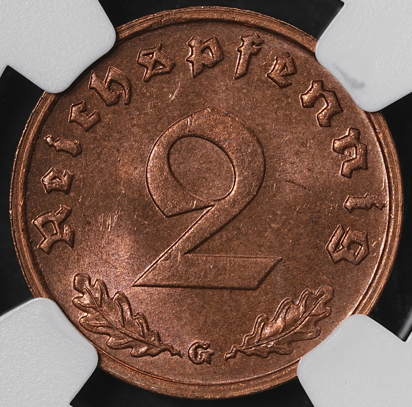 修遠堂世界钱币第五十七期 NGC MS63RB 1939年德三2芬尼铜币 G厂铭