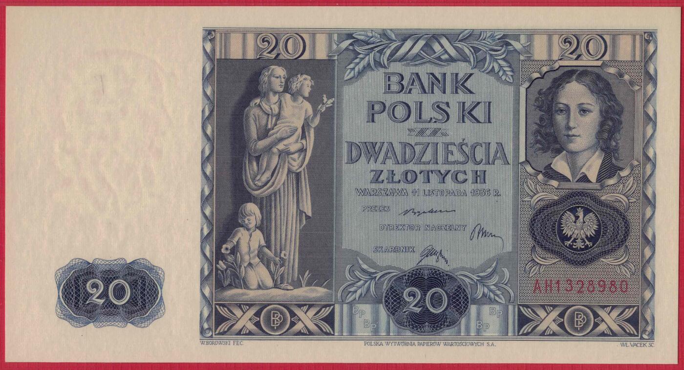 波兰1936年20兹罗提 无47 P-77 欧洲 实物图 UNC