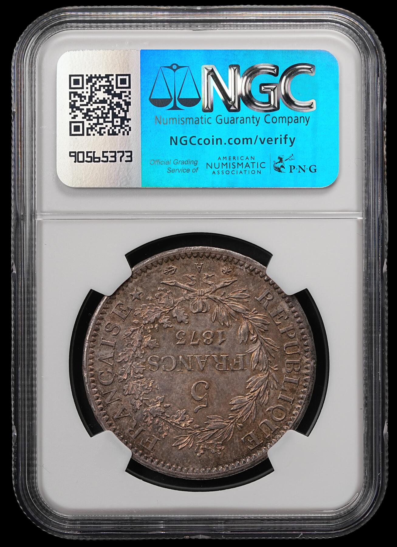 修遠堂世界钱币第五十七期 NGC MS62 1873年法国大力神5法郎大银币 五彩