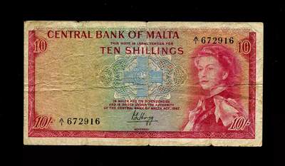 202502014外国纸币专场 - 马耳他 1967年10先令 纸币 女王钞 首发A1冠