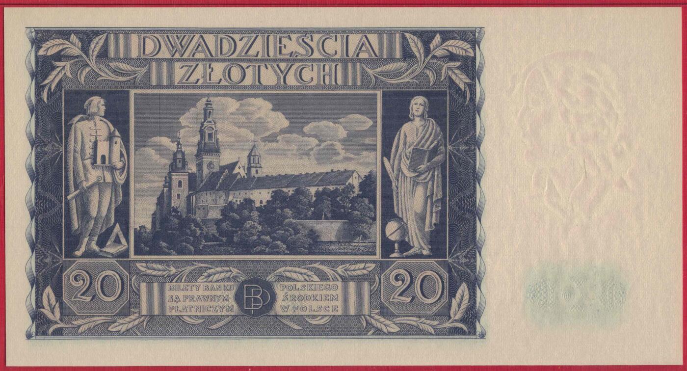 波兰1936年20兹罗提 无47 P-77 欧洲 实物图 UNC
