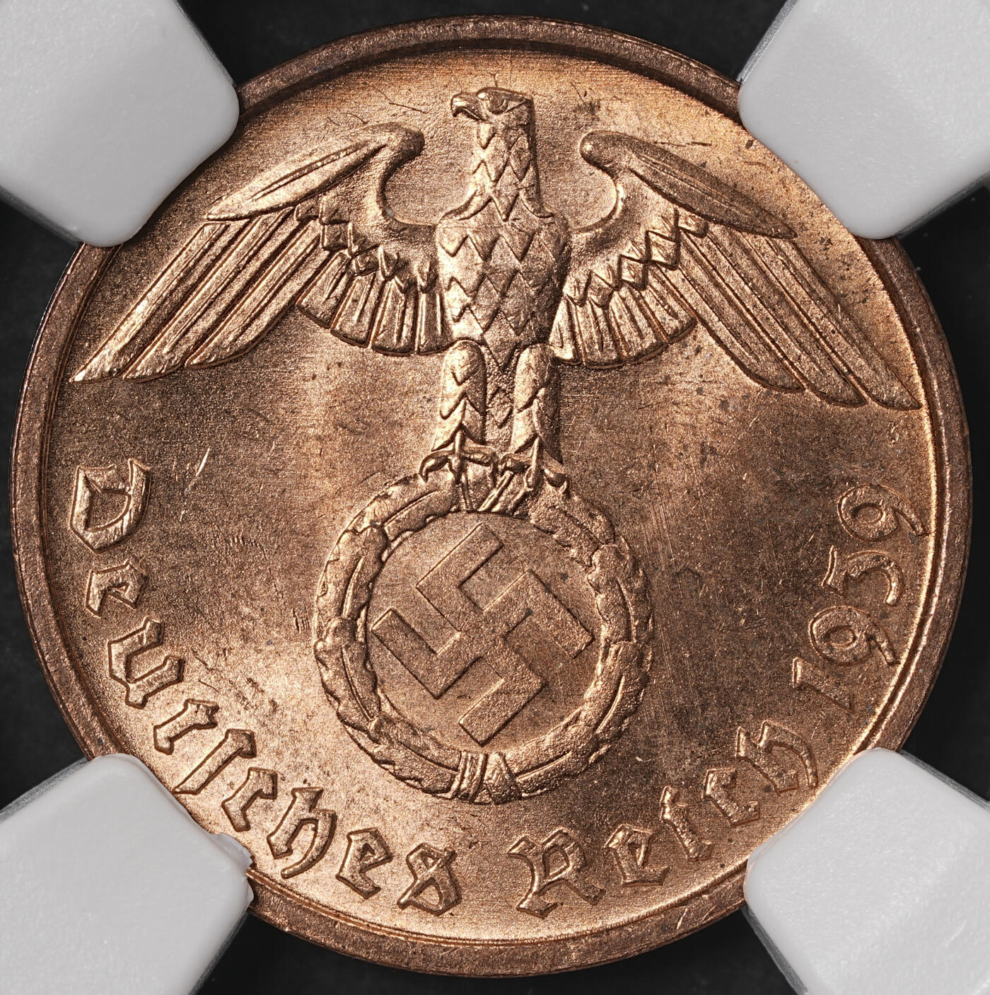 修遠堂世界钱币第五十七期 NGC MS64RB 1939年德三2芬尼铜币 D厂铭
