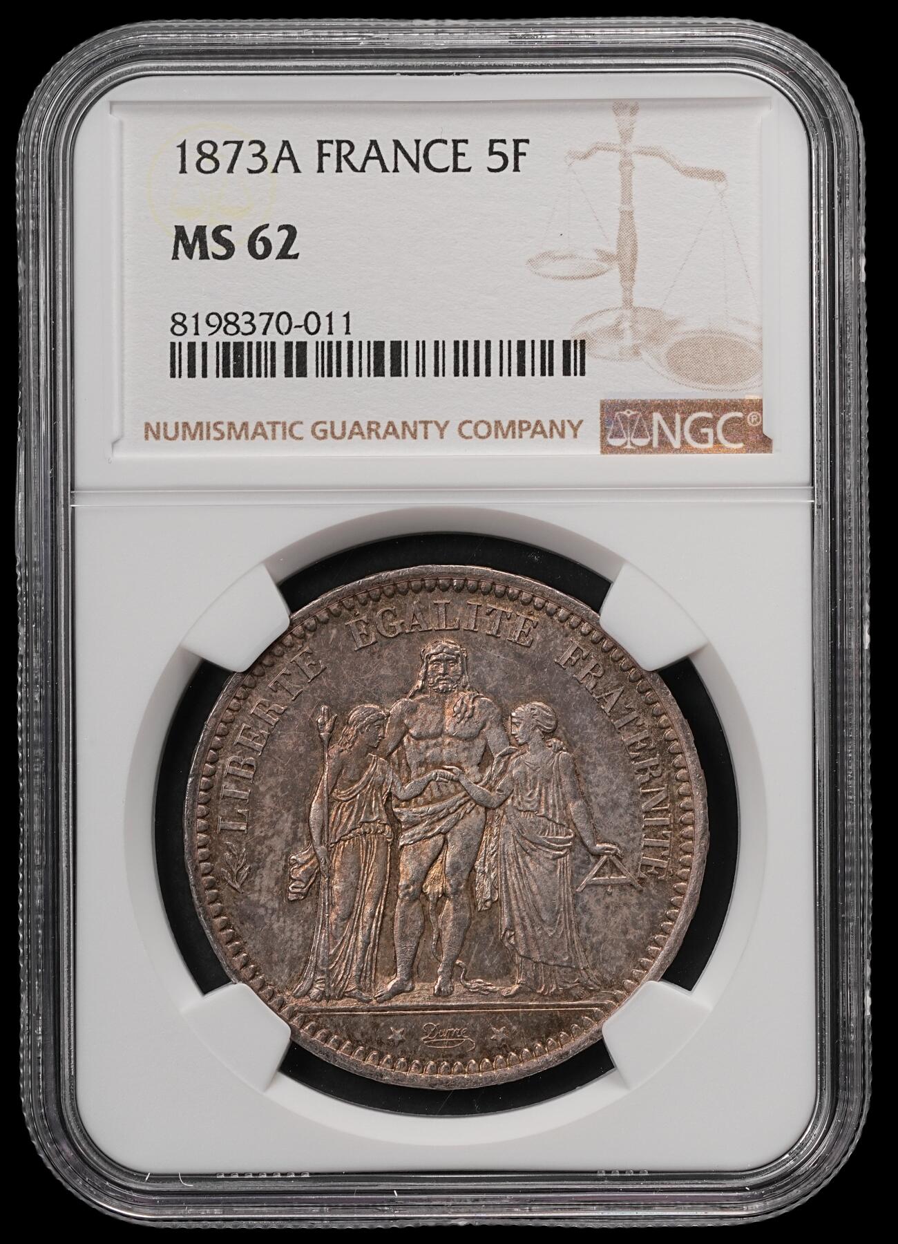 修遠堂世界钱币第五十七期 NGC MS62 1873年法国大力神5法郎大银币 五彩