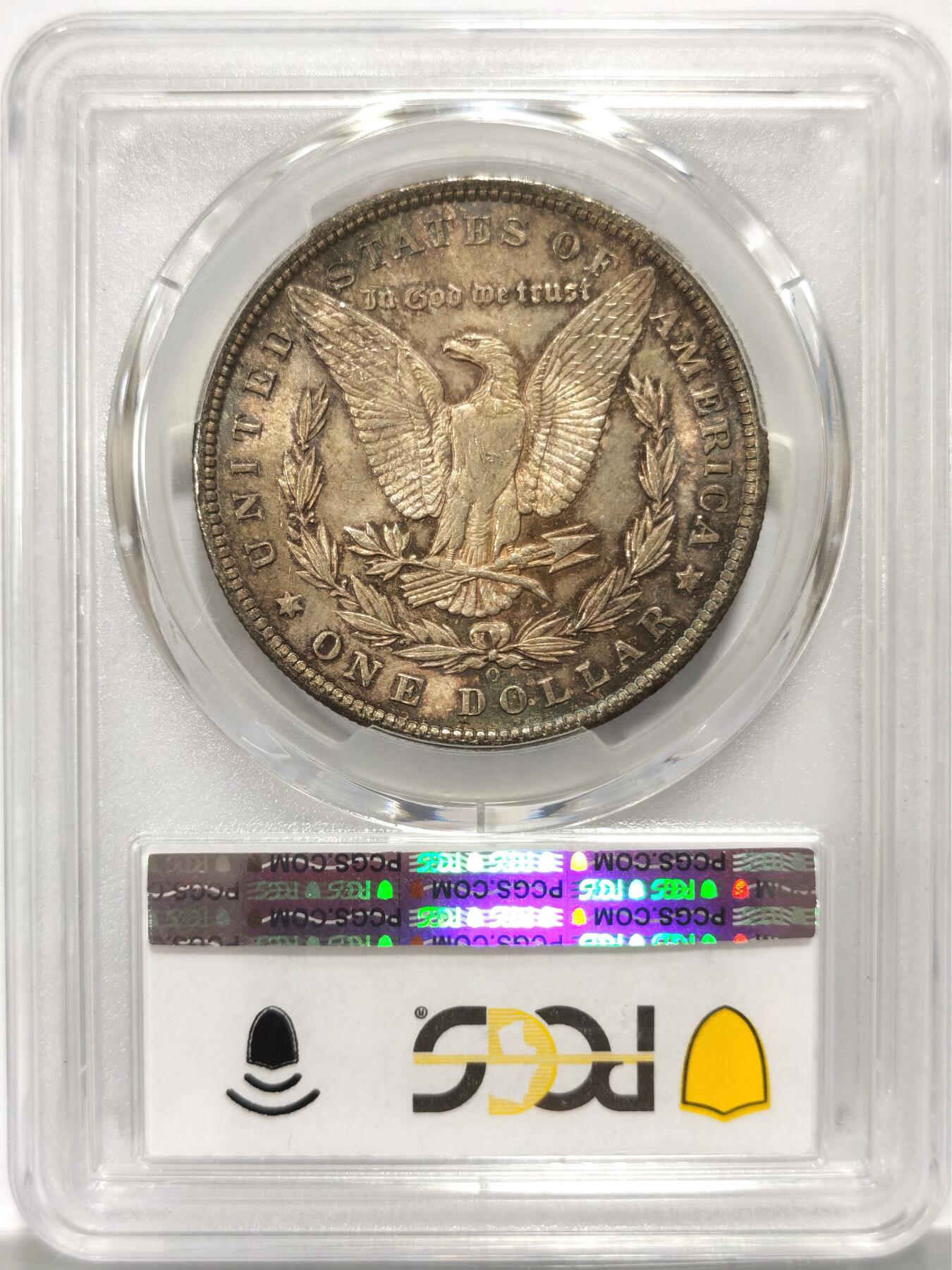 博洋堂世界钱币拍卖第110期（全场包邮） PCGS MS64 美国1885年O版摩根$1银币 养眼环五彩包浆 盒子背面左上角有小磕