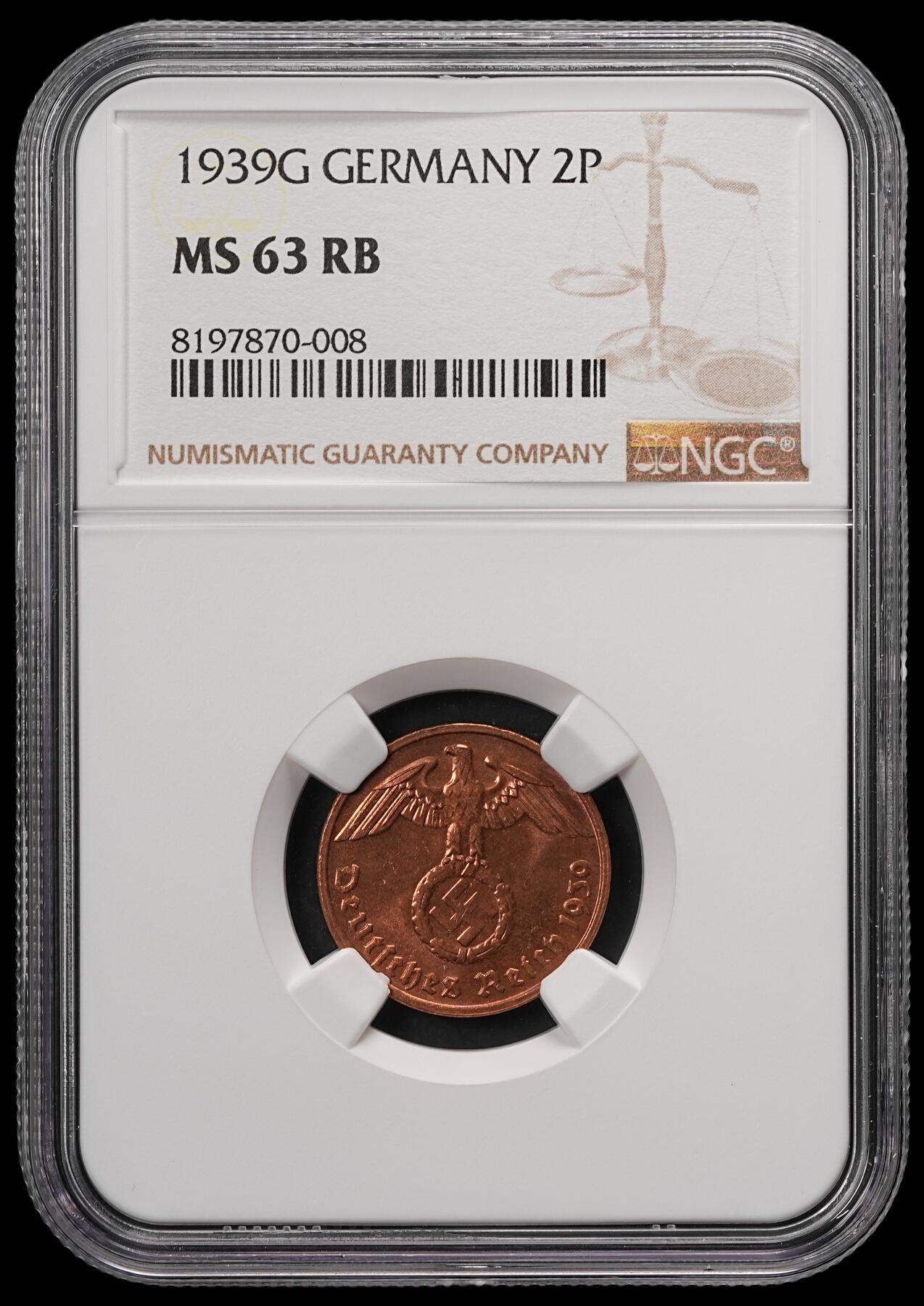 修遠堂世界钱币第五十七期 NGC MS63RB 1939年德三2芬尼铜币 G厂铭