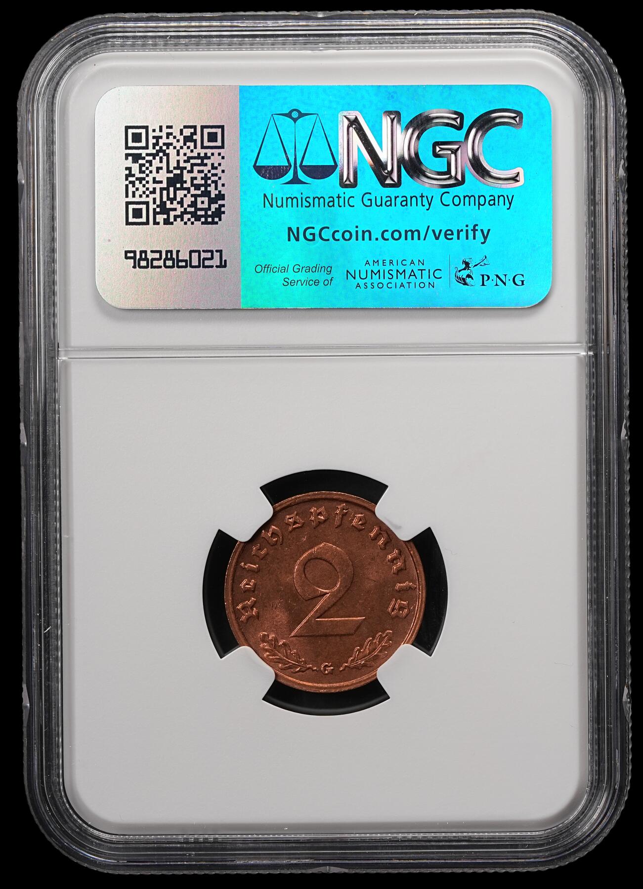 修遠堂世界钱币第五十七期 NGC MS63RB 1939年德三2芬尼铜币 G厂铭