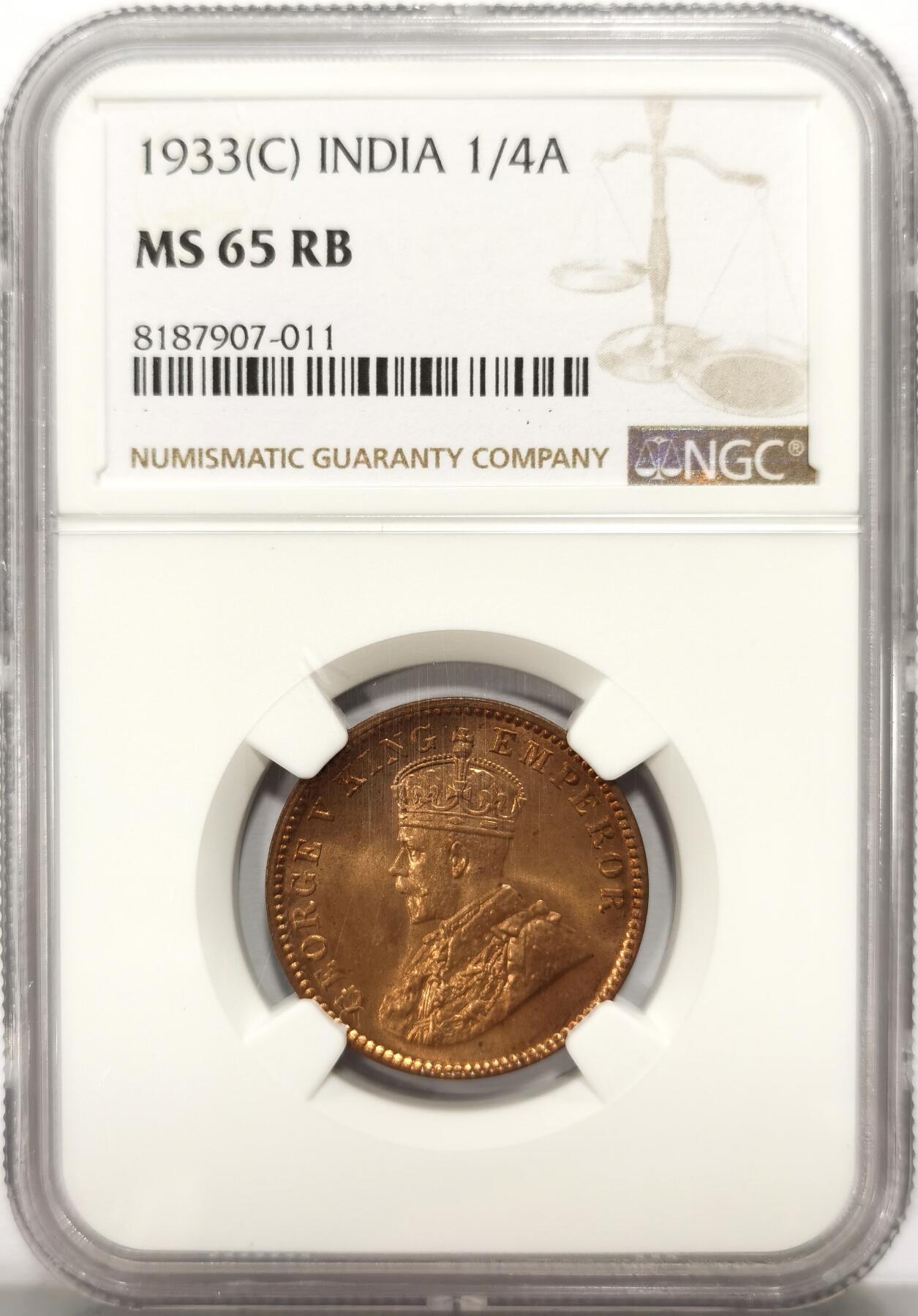 博洋堂世界钱币拍卖第110期（全场包邮） 2枚一组 NGC MS65RB 英属印度1933年乔治五世1/4安那铜币 & NGC MS65RB 英属印度海得拉巴邦AH1368//39年2P中孔小铜币 很好看的图案