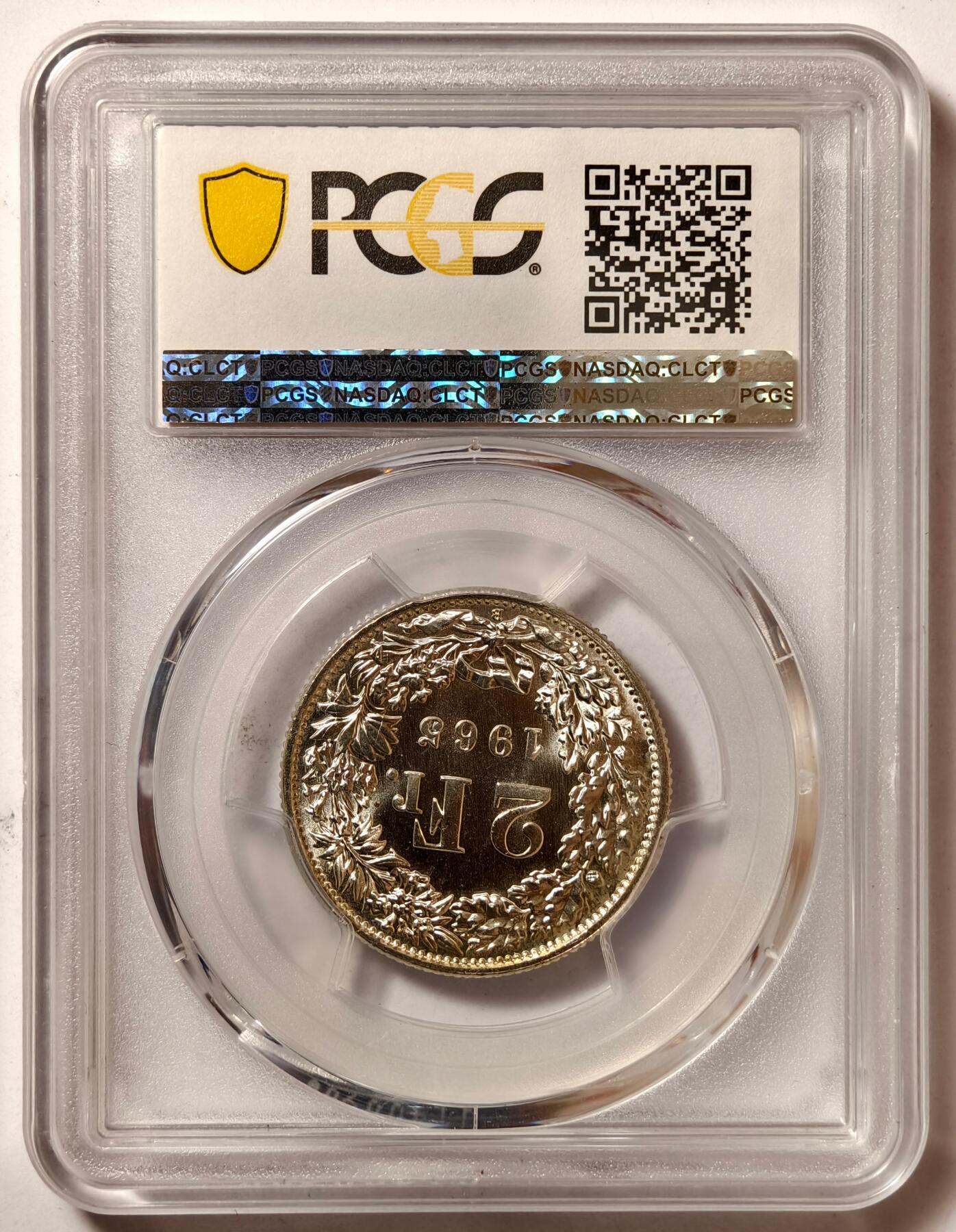 紫瑗钱币——第508期 瑞士 1965年 B版 赫尔维蒂亚 2法郎 银币 PCGS MS66