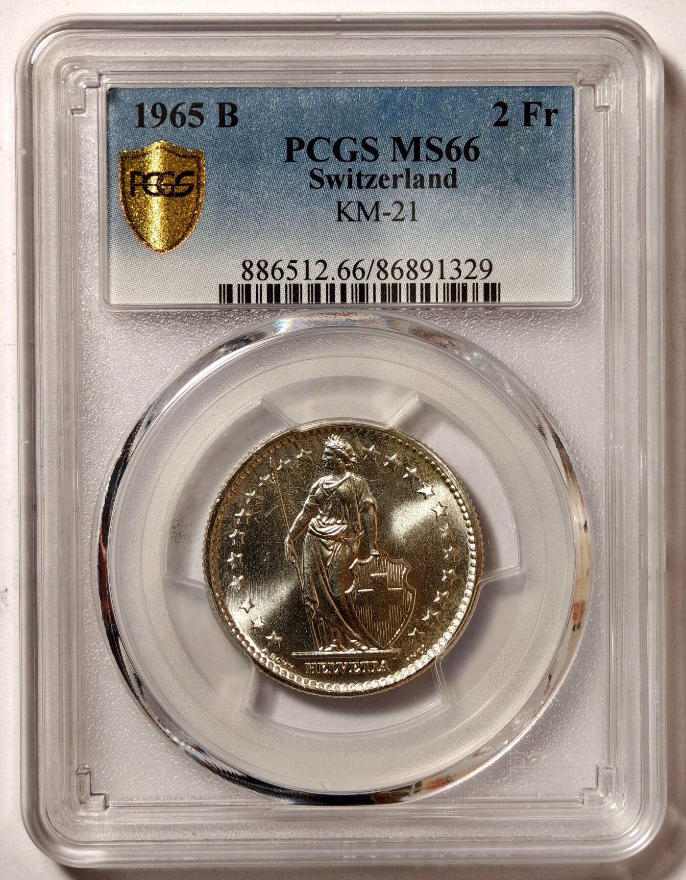 紫瑗钱币——第508期 瑞士 1965年 B版 赫尔维蒂亚 2法郎 银币 PCGS MS66