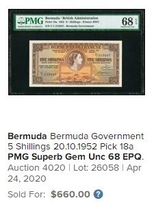 【Blue Auction】✨世界纸币精拍第618期【精】   【顶级高分带星罕见】英属百慕大 1957年5先令 BWC出品 女王侧面像 PMG68EPQ星星 老壳 令人爱不释手