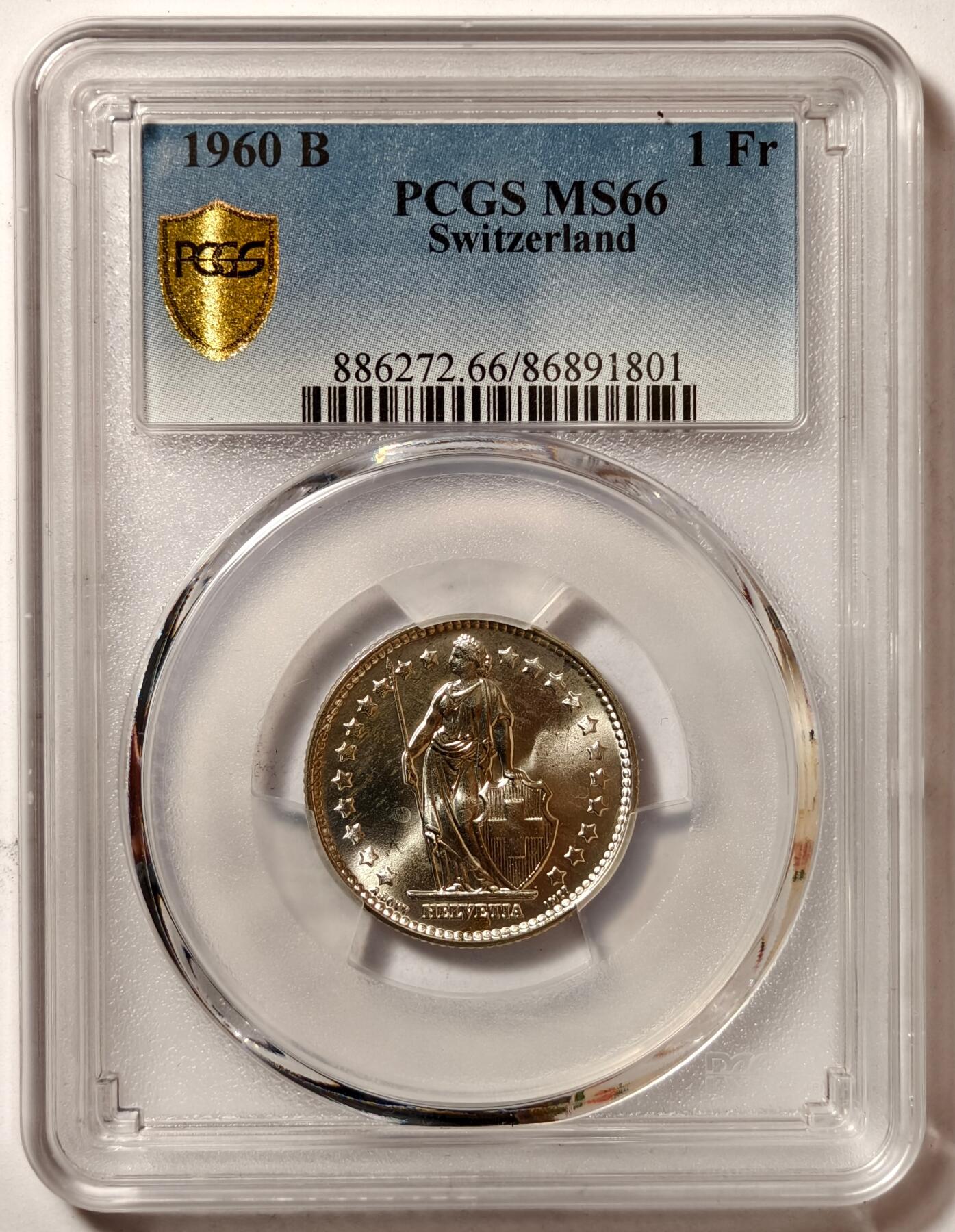 紫瑗钱币——第508期 瑞士 1960年 B版 赫尔维蒂亚 1法郎 银币 PCGS MS66