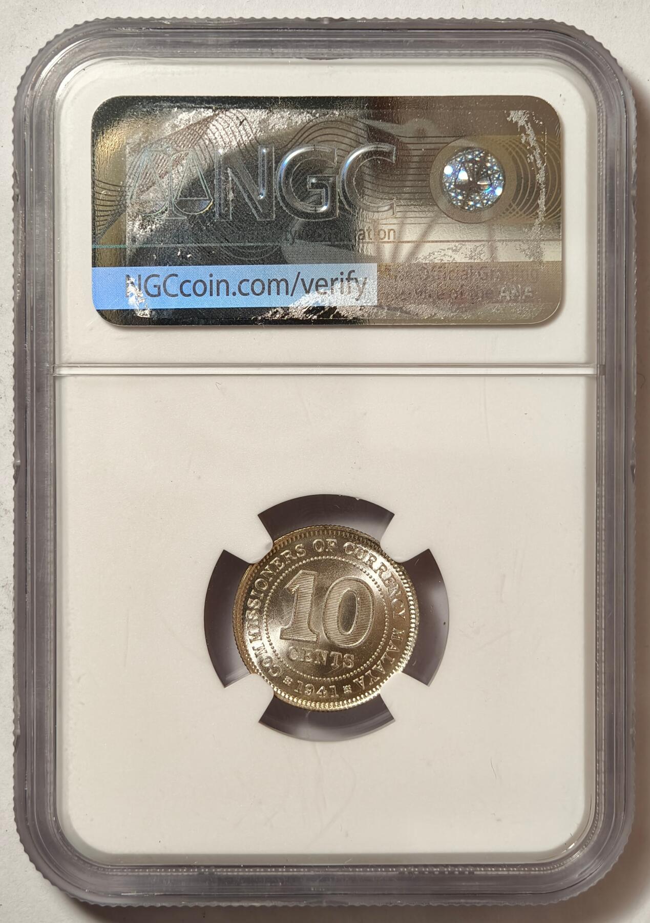 紫瑗钱币——第508期 马来亚 1941年 乔治六世 10分 银币 NGC MS64