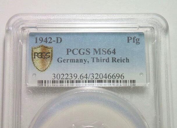 金盾PCGS MS64 德国第三帝国1942年D版1芬尼 难得开卷原光