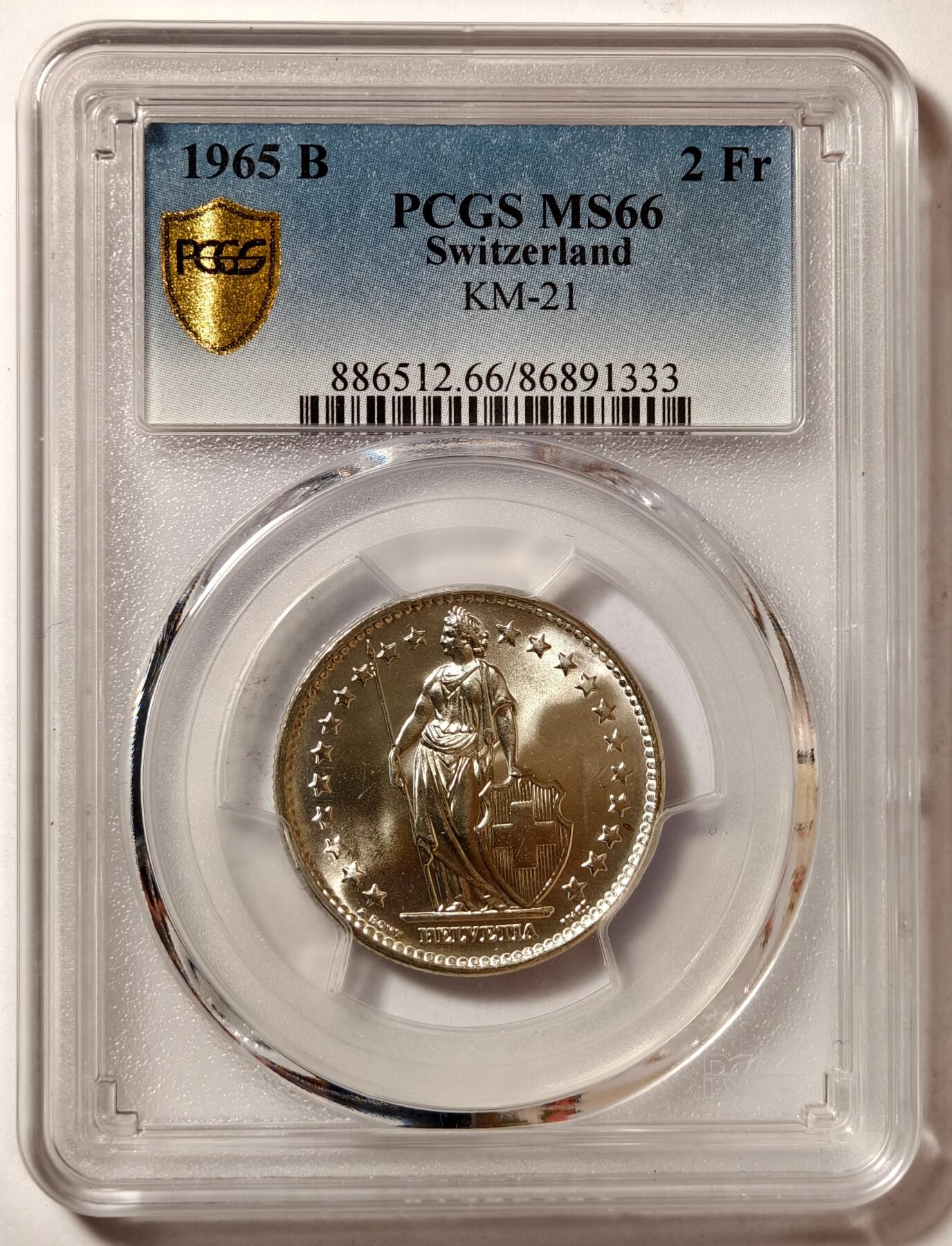 紫瑗钱币——第506期 瑞士 1965年 B版 赫尔维蒂亚 2法郎 银币 PCGS MS66