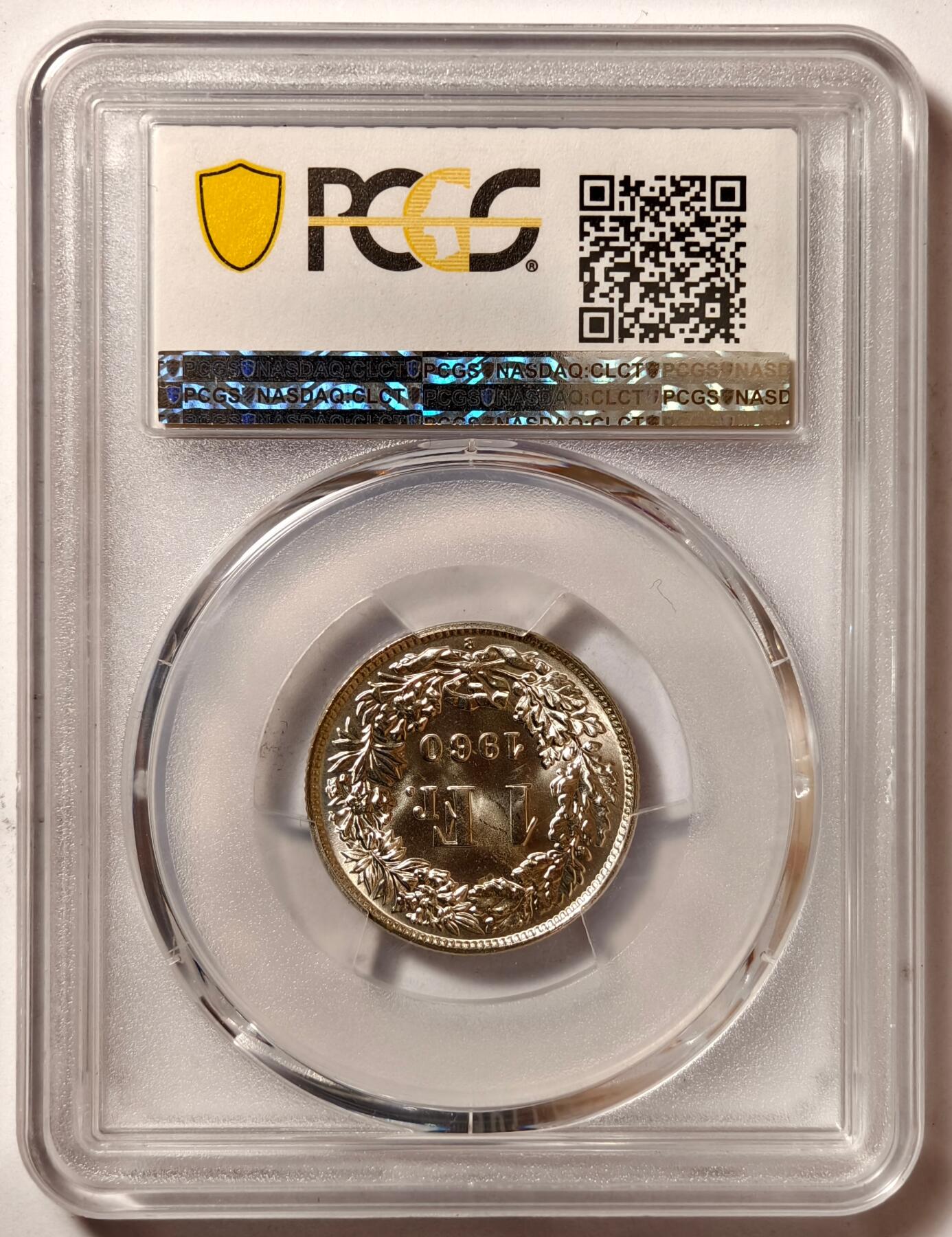 紫瑗钱币——第508期 瑞士 1960年 B版 赫尔维蒂亚 1法郎 银币 PCGS MS66