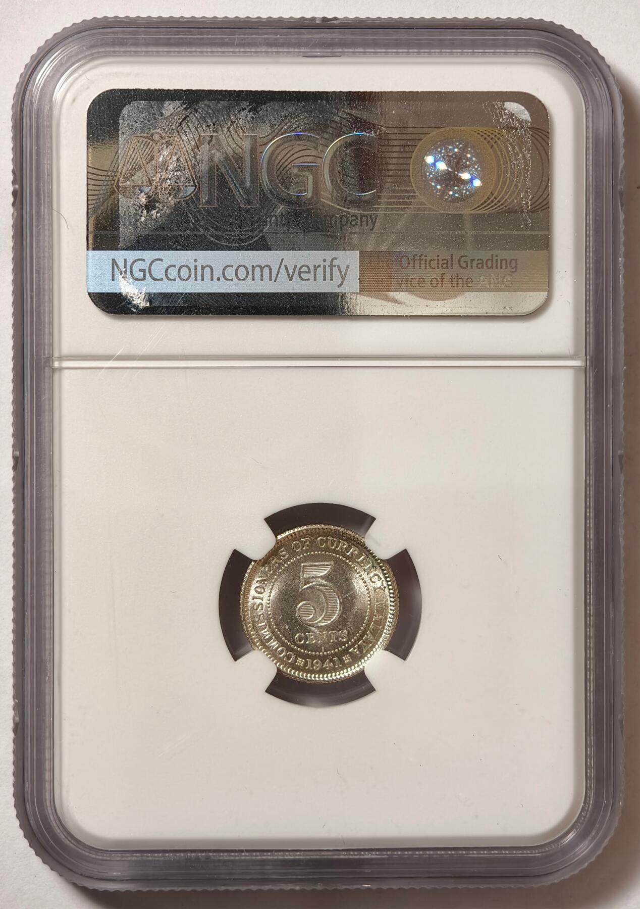 紫瑗钱币——第506期 马来亚 1941年 I版 乔治六世 5分 银币 NGC MS62