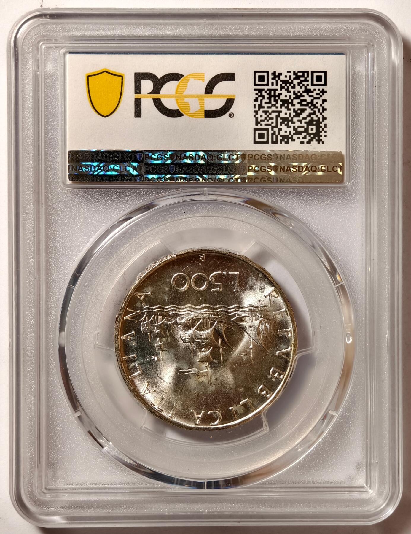 紫瑗钱币——第506期 意大利 1966年 R版 少女与帆船 500里拉 银币 PCGS MS65