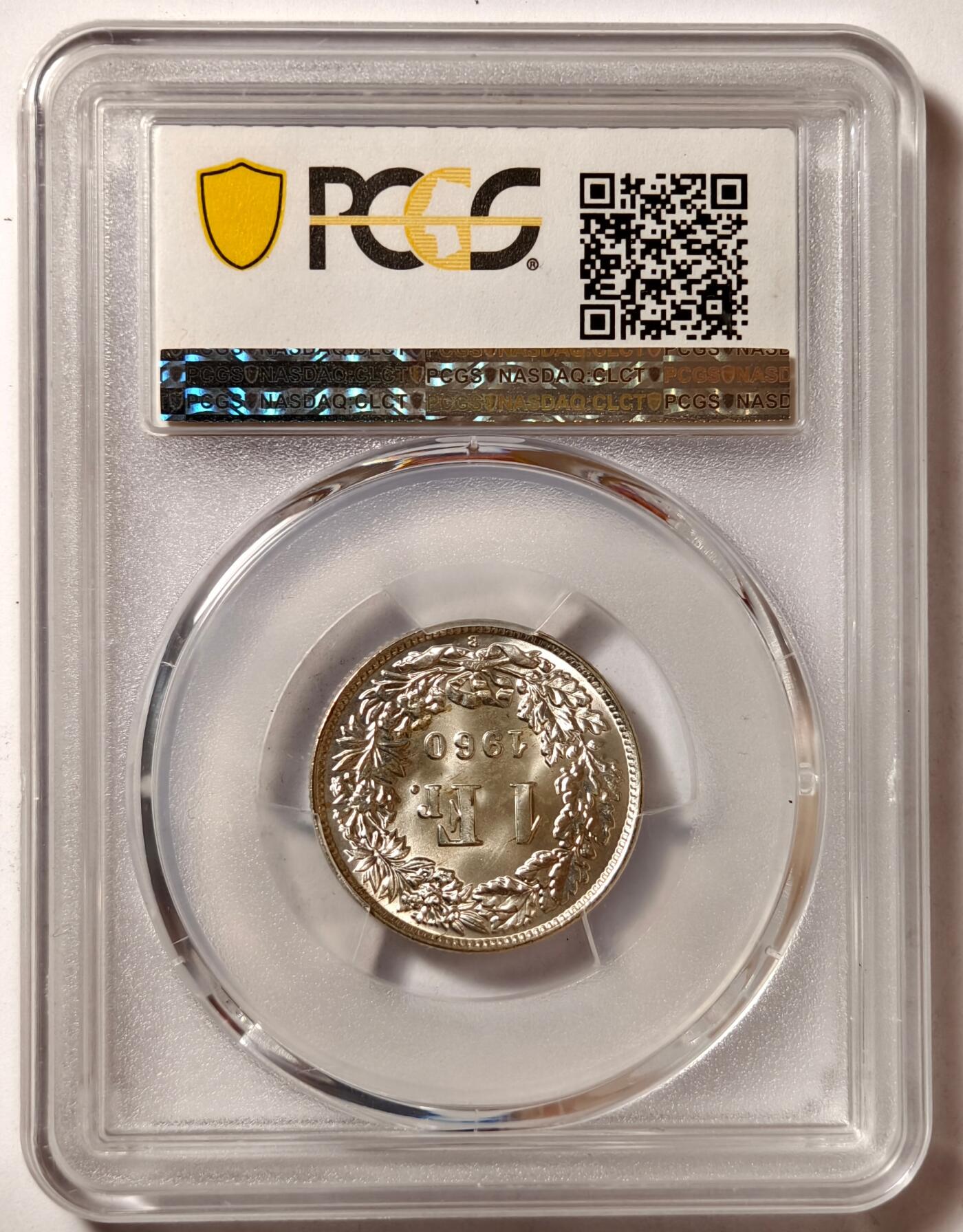 紫瑗钱币——第506期 瑞士 1960年 B版 赫尔维蒂亚 1法郎 银币 PCGS MS66