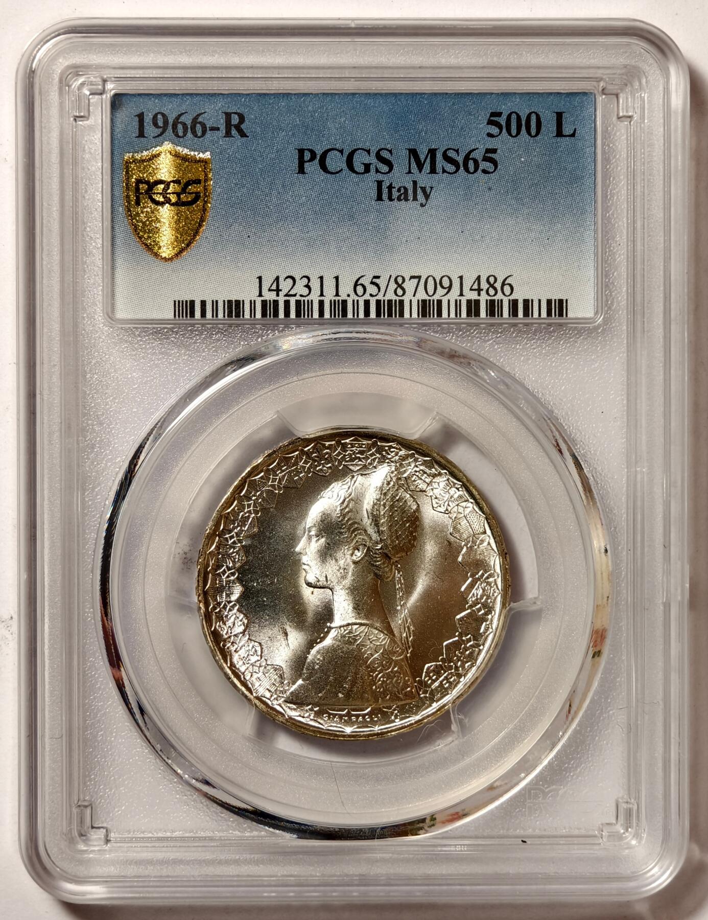 紫瑗钱币——第508期 意大利 1966年 R版 少女与帆船 500里拉 银币 PCGS MS65