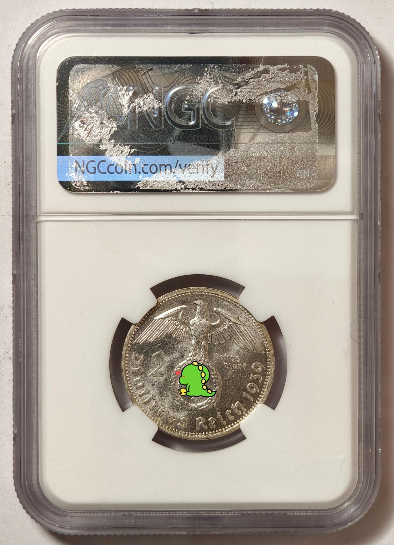 紫瑗钱币——第508期 德国 1939年 A版 兴登堡 字符 2马克 银币 NGC MS62