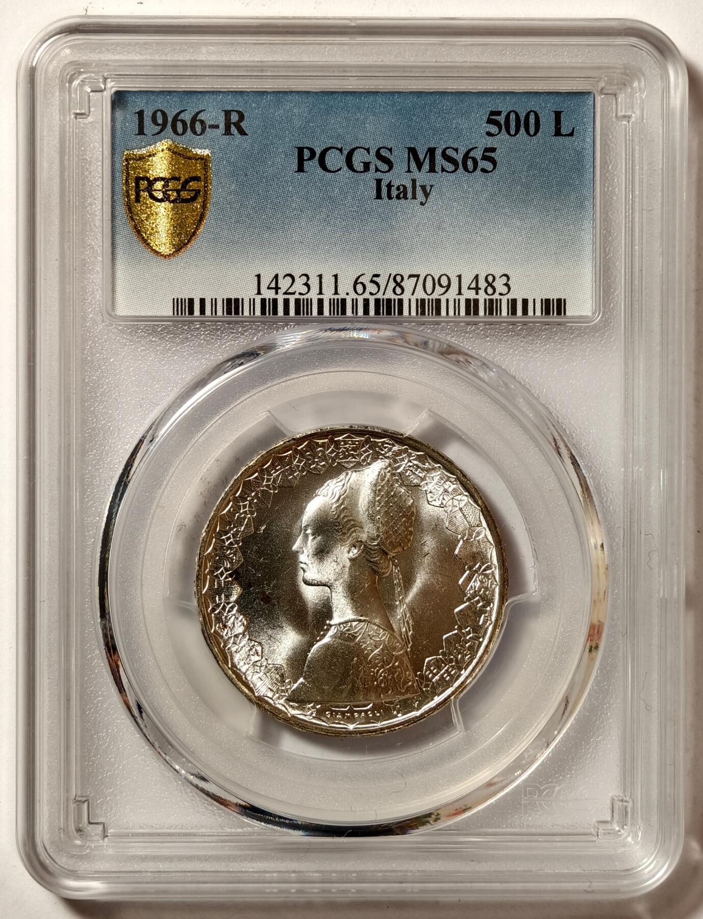 紫瑗钱币——第506期 意大利 1966年 R版 少女与帆船 500里拉 银币 PCGS MS65