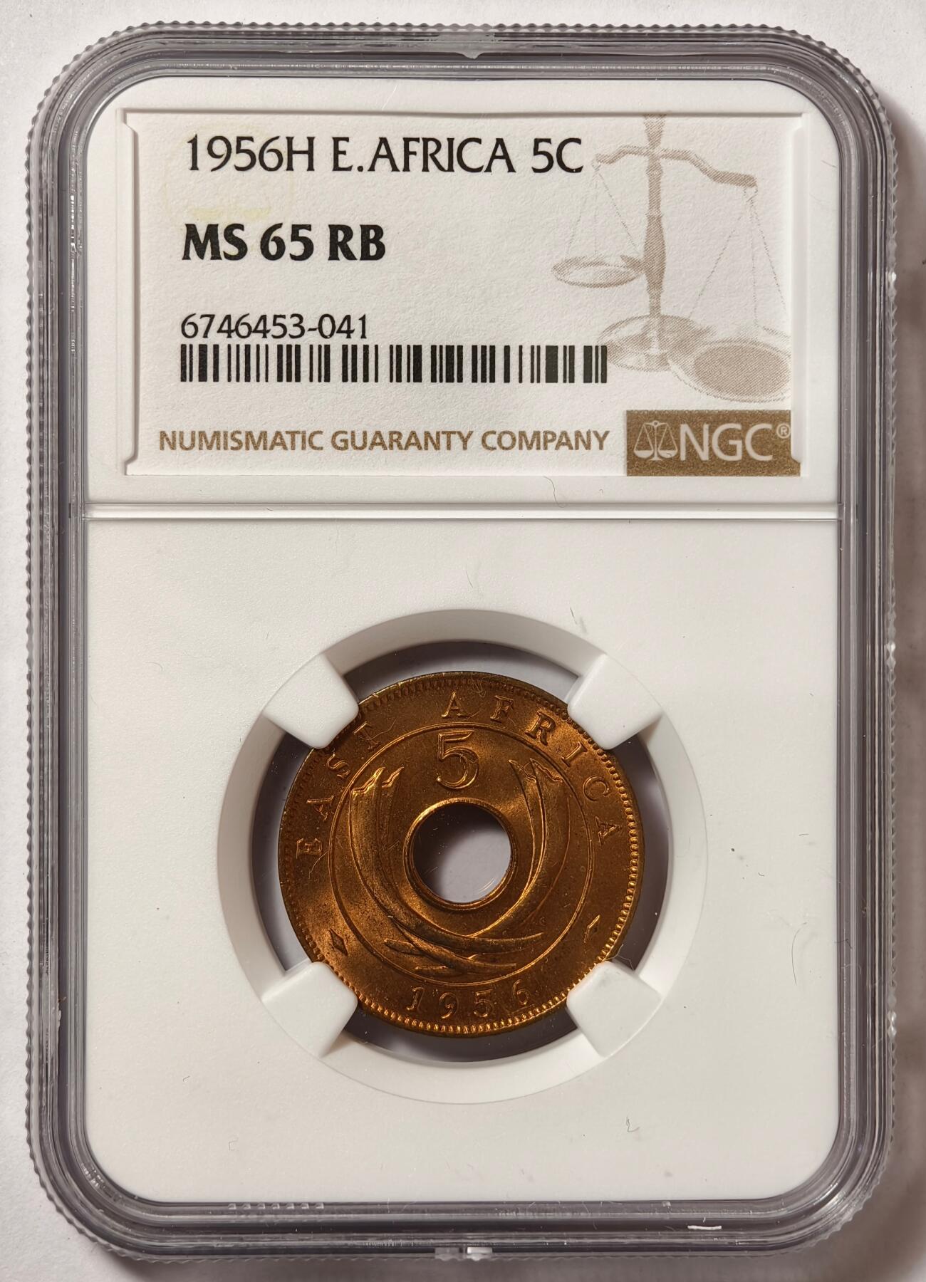 紫瑗钱币——第506期 英属东非 1956年 H版 伊丽莎白二世 5分 红铜币 NGC MS65 RB