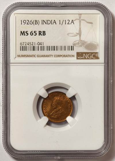紫瑗钱币——第576期 - 英属印度 1926年 B版 乔治五世 1/12安娜 铜币 NGC MS65 RB