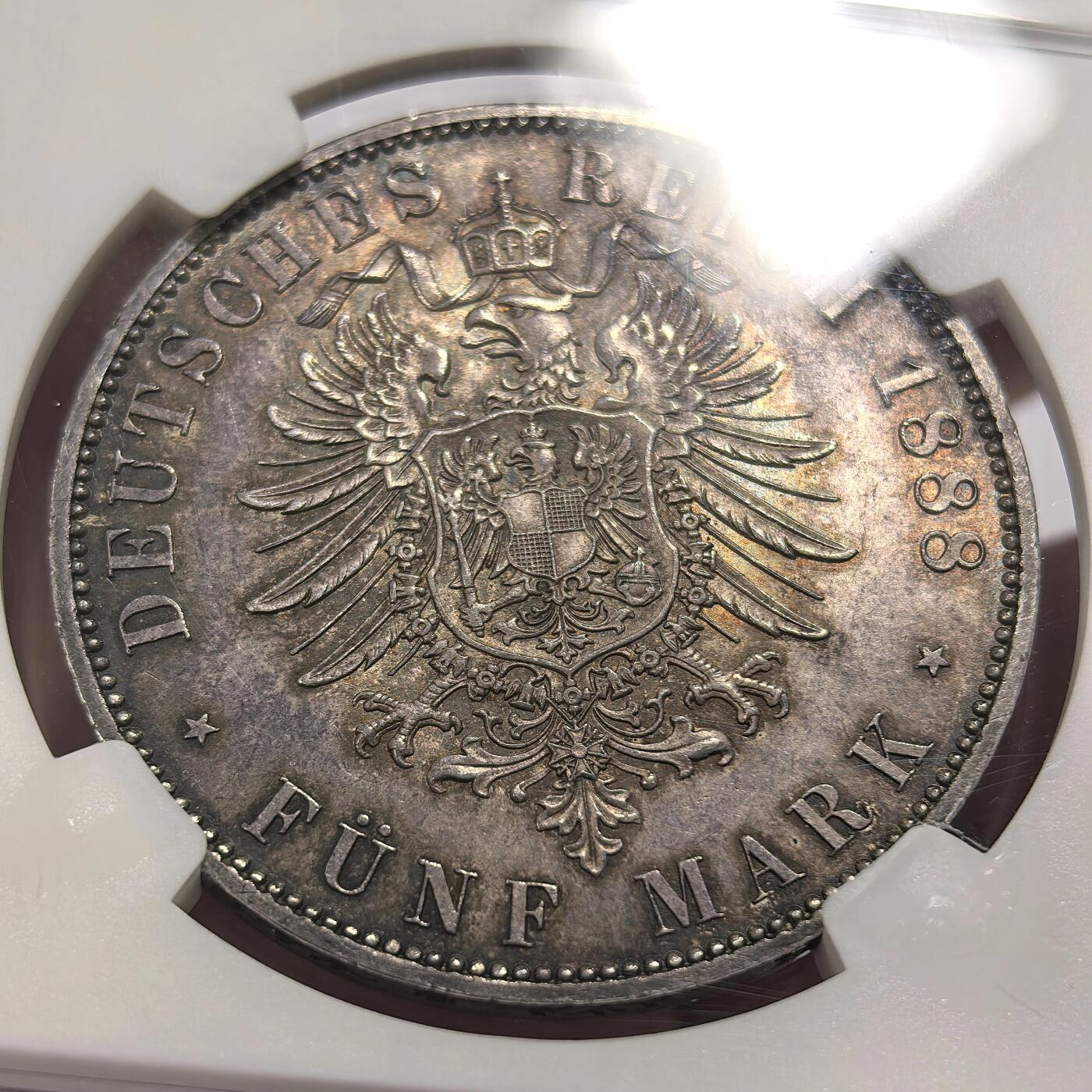 博洋堂世界钱币拍卖第110期（全场包邮） NGC MS63 德国普鲁士1888年三皇之年腓特烈三世短翅5马克银币，极美包浆