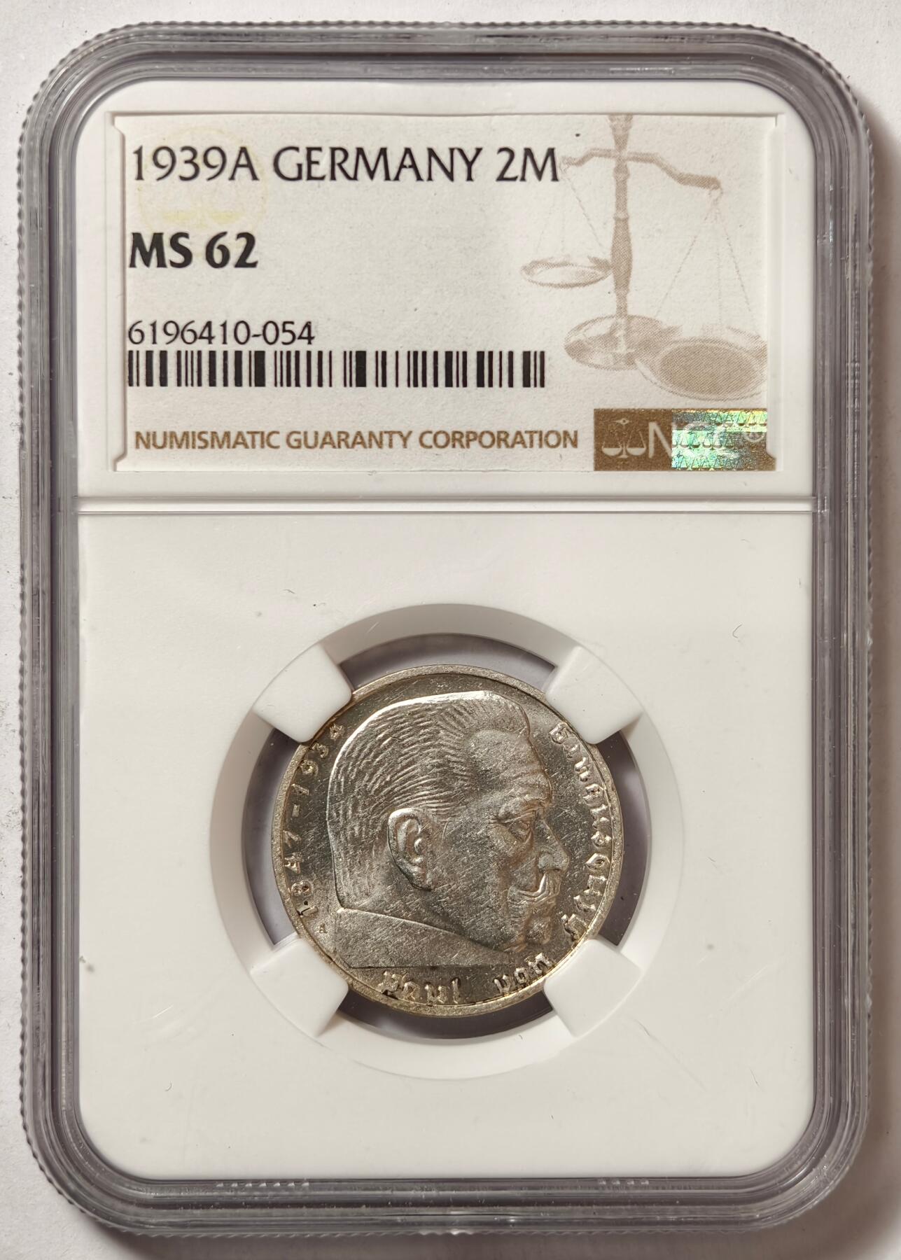紫瑗钱币——第508期 德国 1939年 A版 兴登堡 字符 2马克 银币 NGC MS62