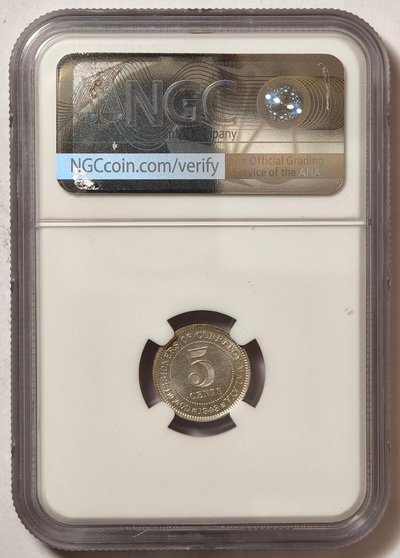 紫瑗钱币——第508期 马来亚 1943年 乔治六世 5分 银币 NGC MS62