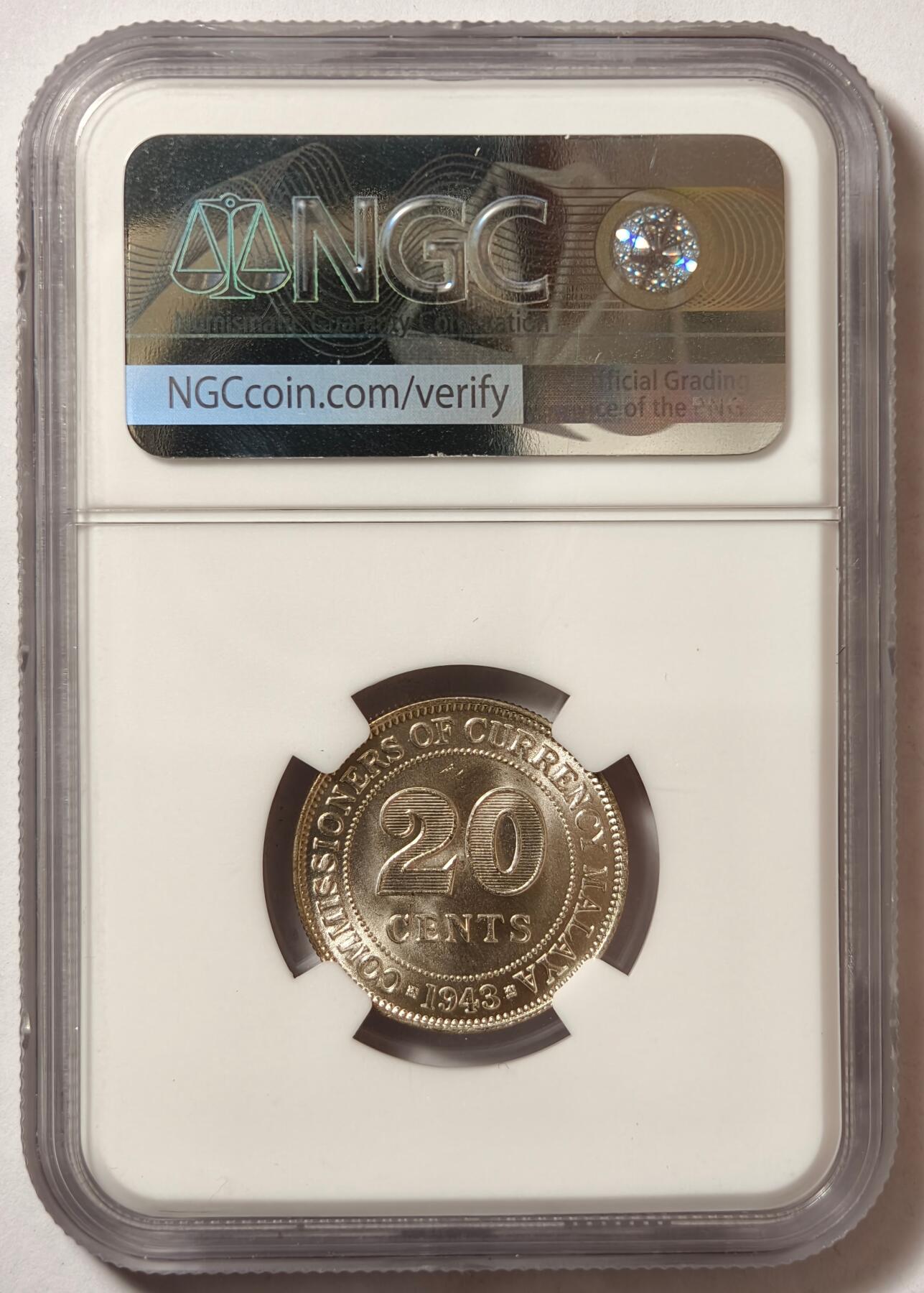 紫瑗钱币——第506期 马来亚 1943年 乔治六世 20分 银币 NGC MS65